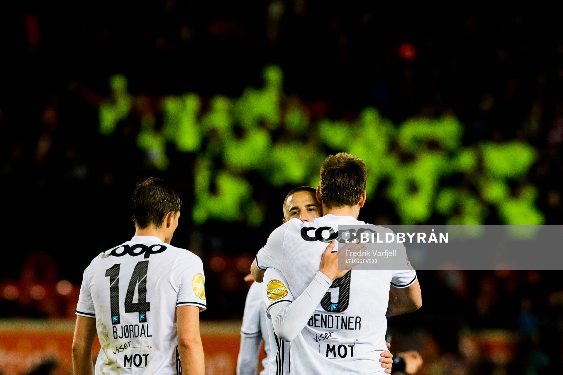 Milan Jevtovic celebrates with his teammates Johan Lædre Bjørdal and Nicklas Bendtner after scoring 0-3 during the Eliteserien match between Brann and Rosenborg on October 22, 2017 in Bergen.