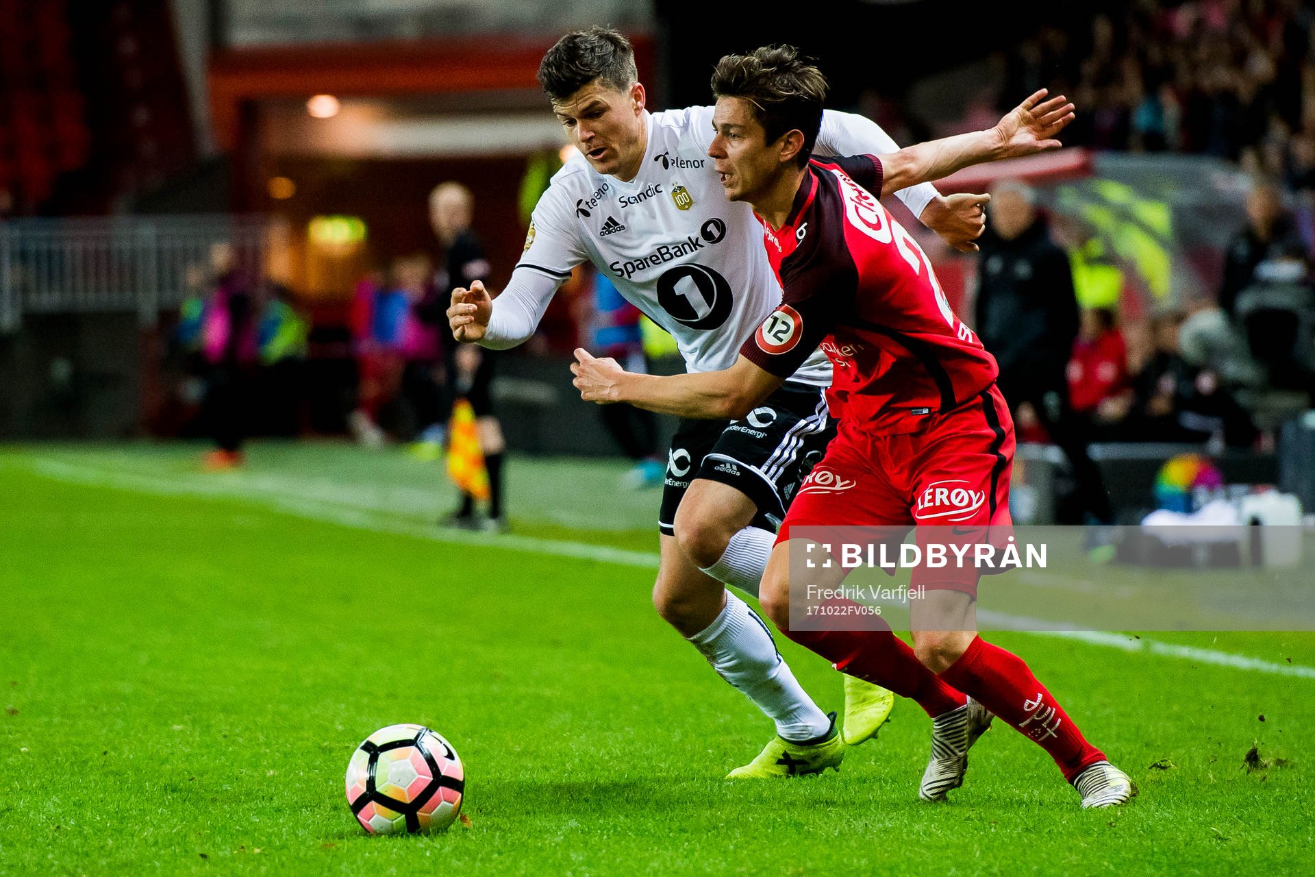 Pål André Helland of Rosenborg and Torgeir Børven of Brann during the Eliteserien match between Brann and Rosenborg on October 22, 2017 in Bergen.