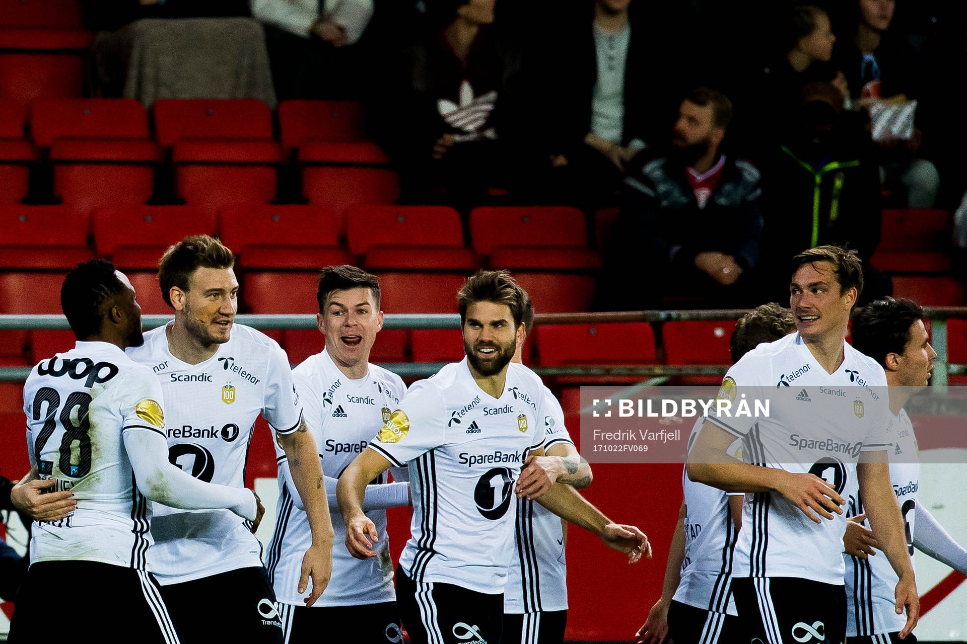 Nicklas Bendtner of Rosenborg celebrates with his teammates