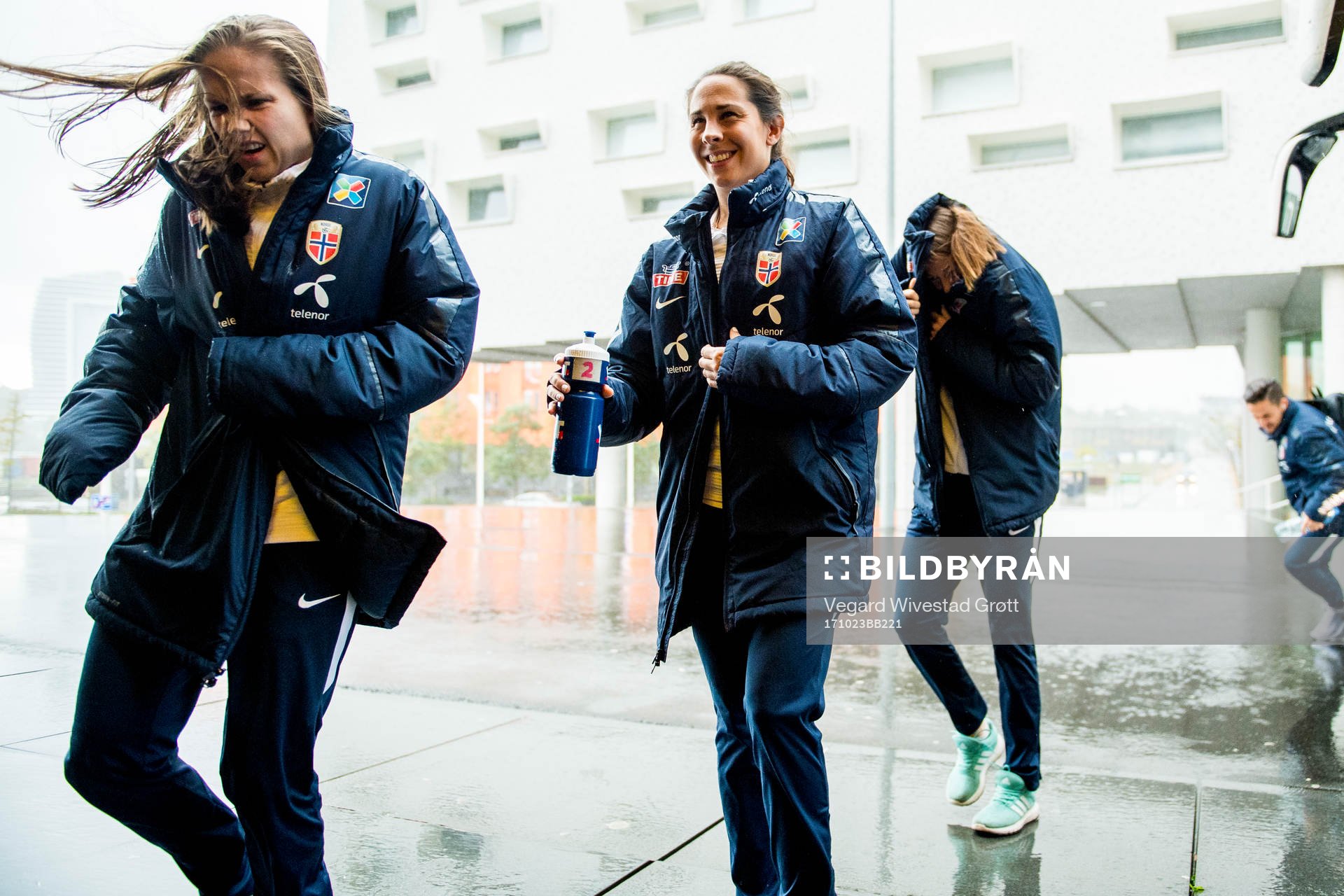 Guro Reiten and Ingrid Moe Wold of Norway arrive ahead of a press event on October 23, 2017 in Groningen.