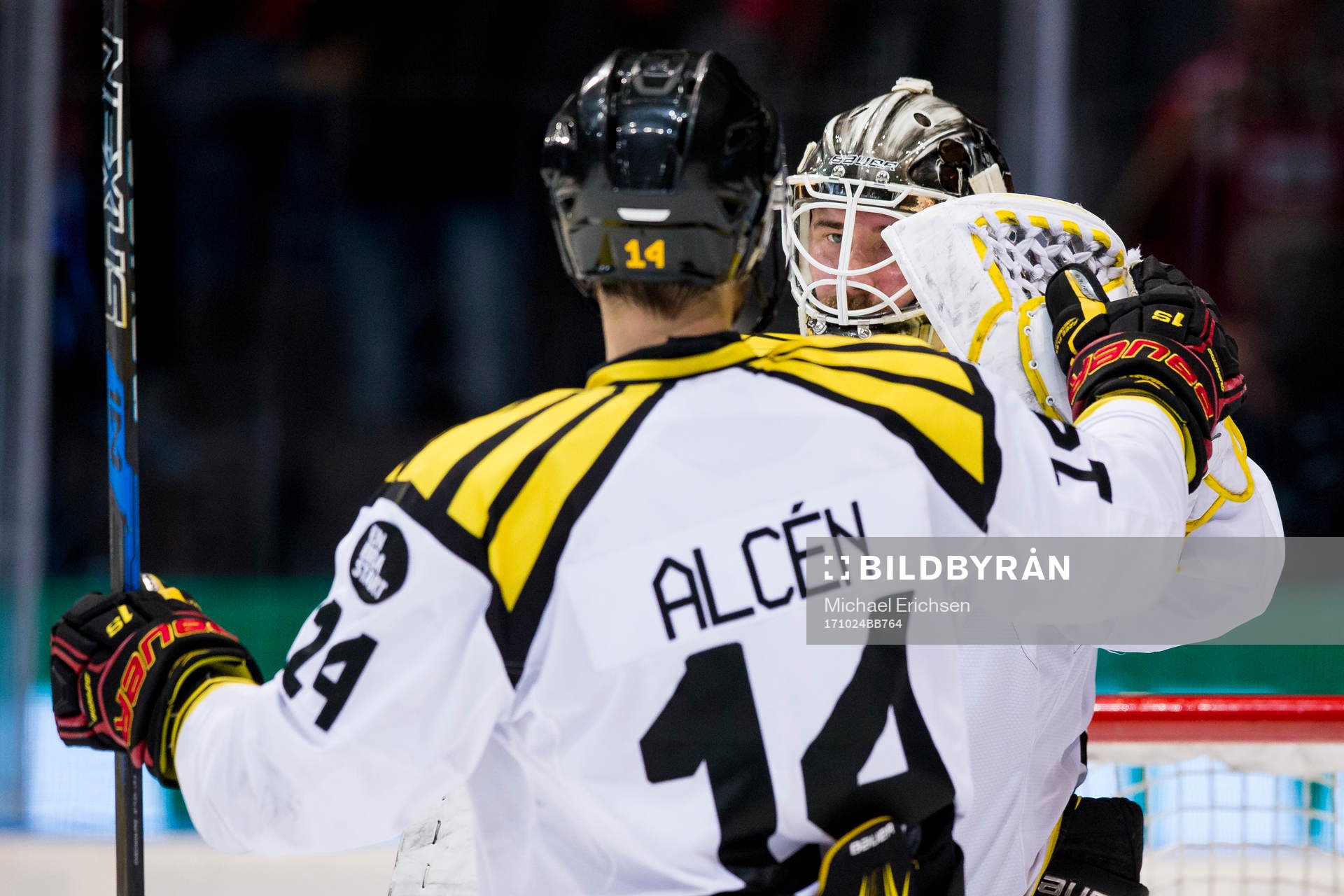 Brynäs målvakt David Rautio jublar ihop med Johan Alcén