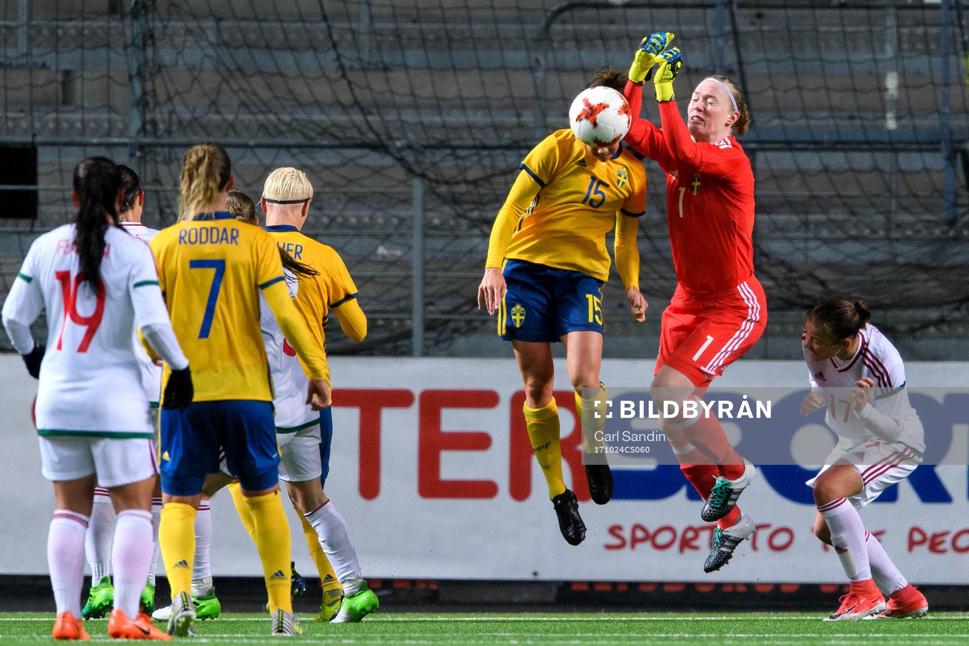 Sveriges Jessica Samuelsson krockar med Sveriges målvakt