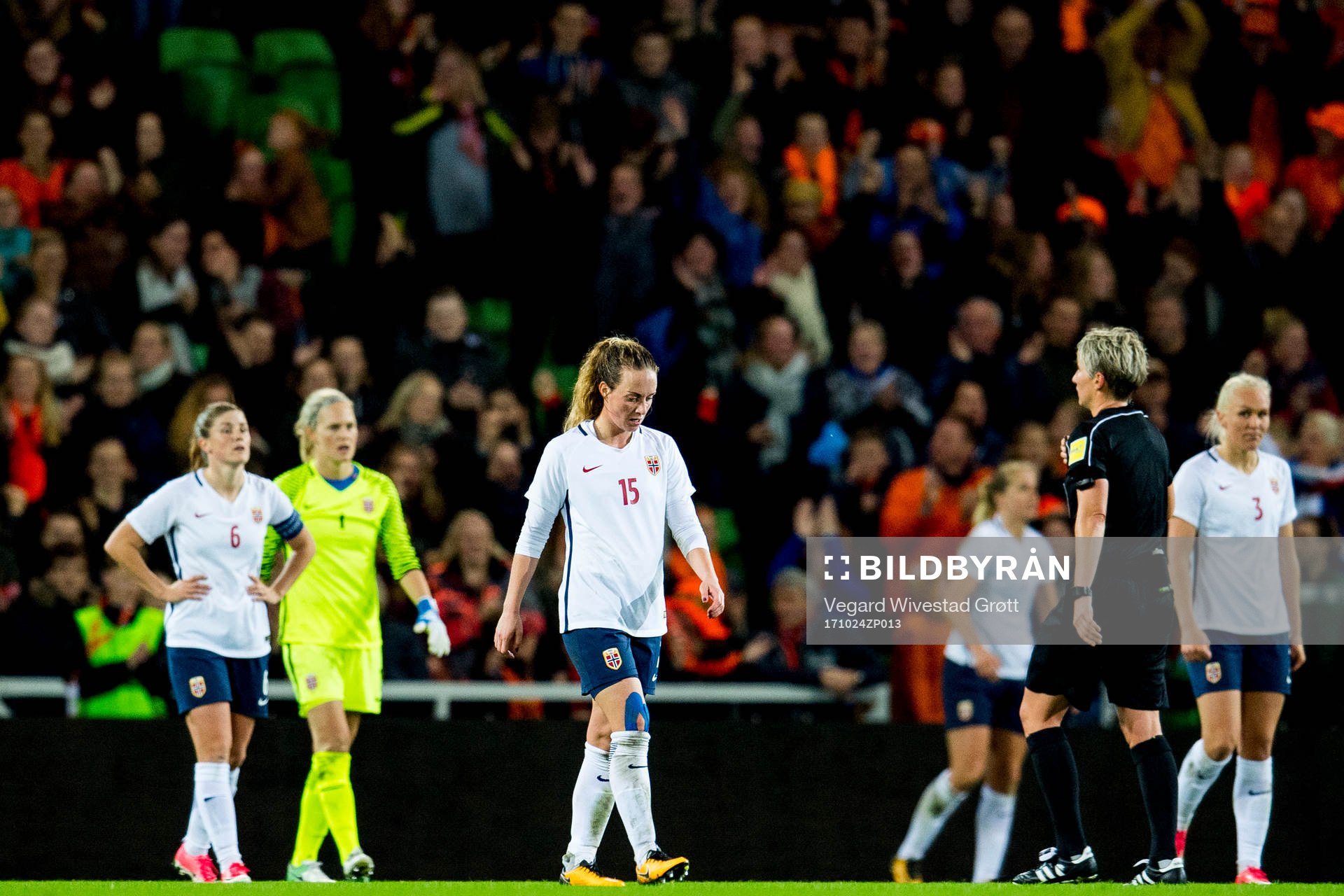 Ingrid Schjelderup of Norway looks dejected as Netherlands