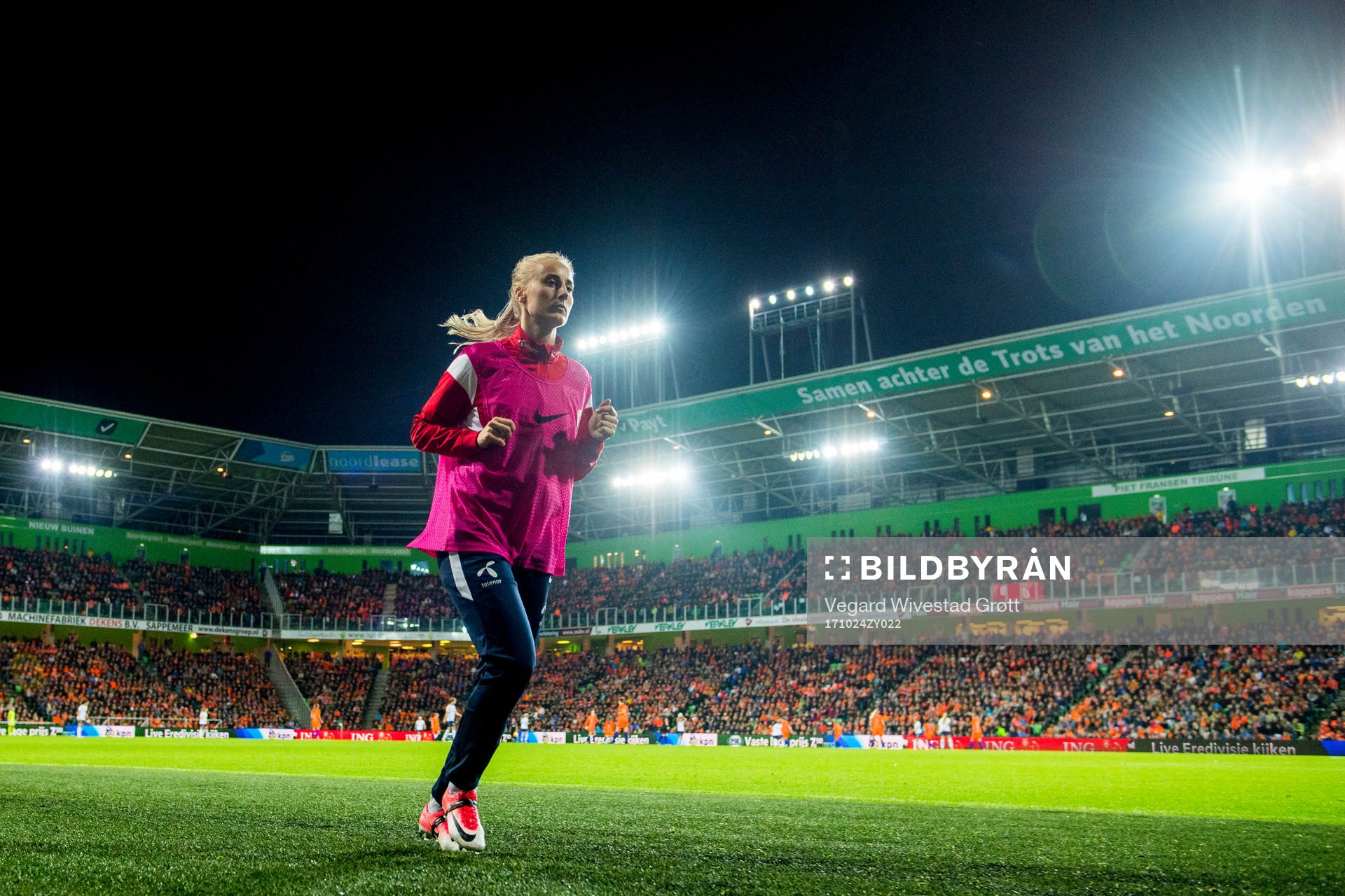 Anja Sønstevold of Norway warms up during the FIFA Women's World Cup Qualifier match between Netherlands and Norway on October 24, 2017 in Groningen.
