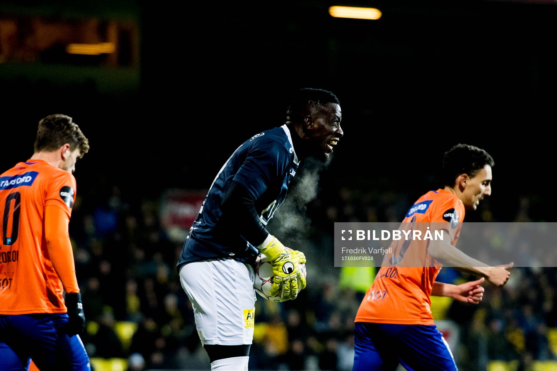 Athanasios Papazoglou of Aalesund, goalkeeper Arnold Otieno Origi of Lillestrøm and Mostafa Abdellaoue of Aalesund during the Eliteserien match between Lillestrøm and Aalesund on October 30, 2017 in Lillestrøm.