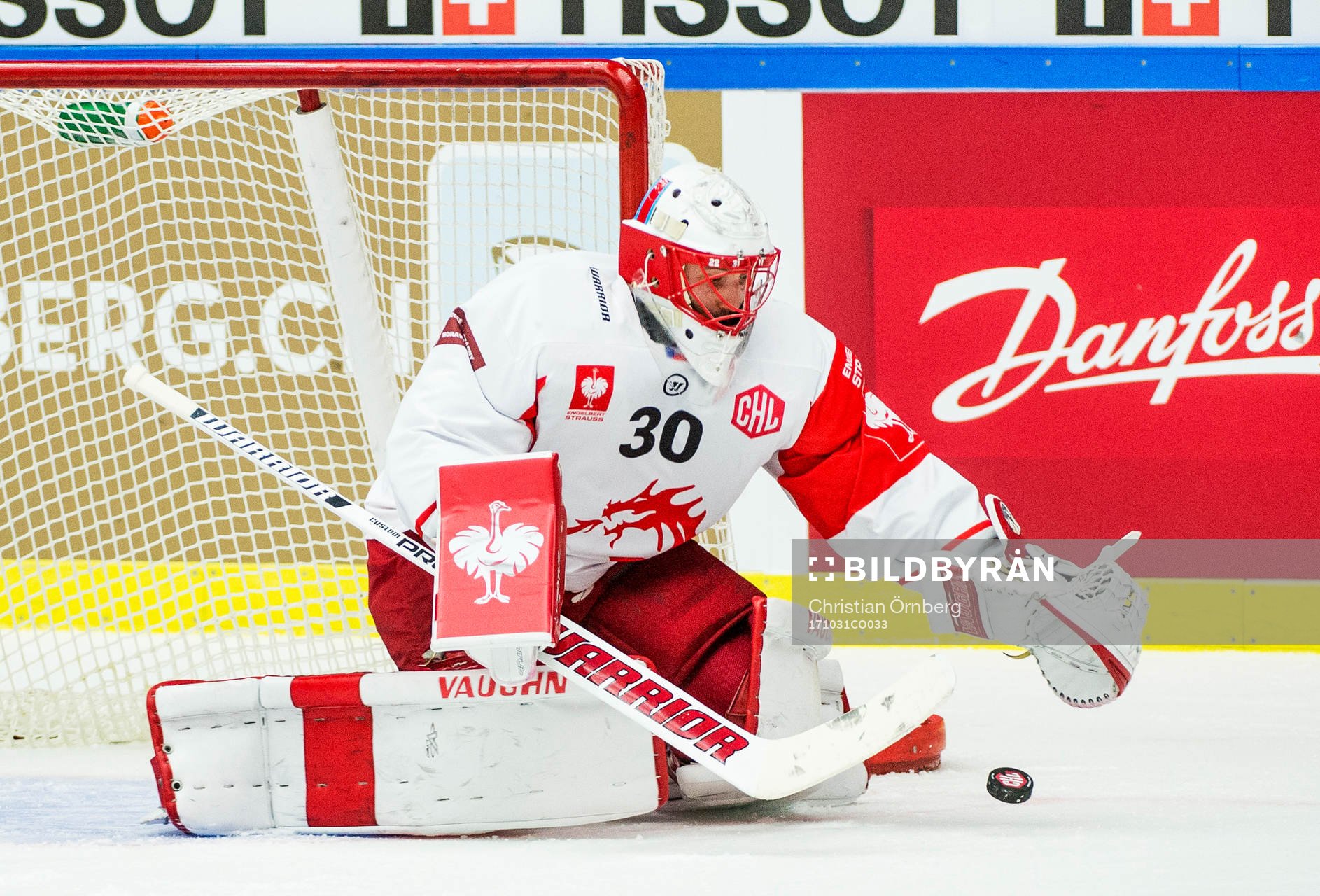 Goalkeeper Simon Hrubec of Ocelari Trinec