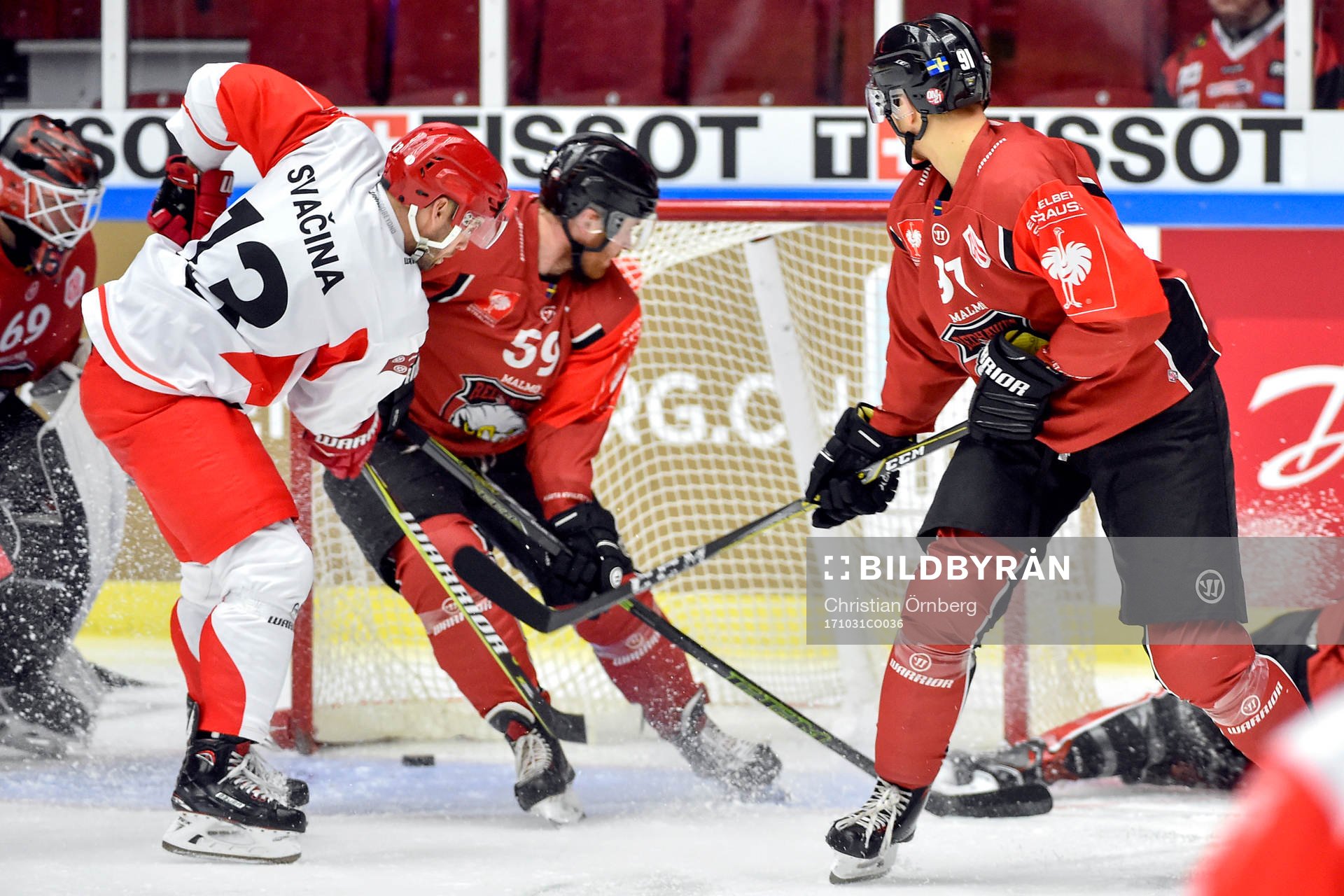 Vladimir Svacina of Ocelari Trinec scores 1-1 behind