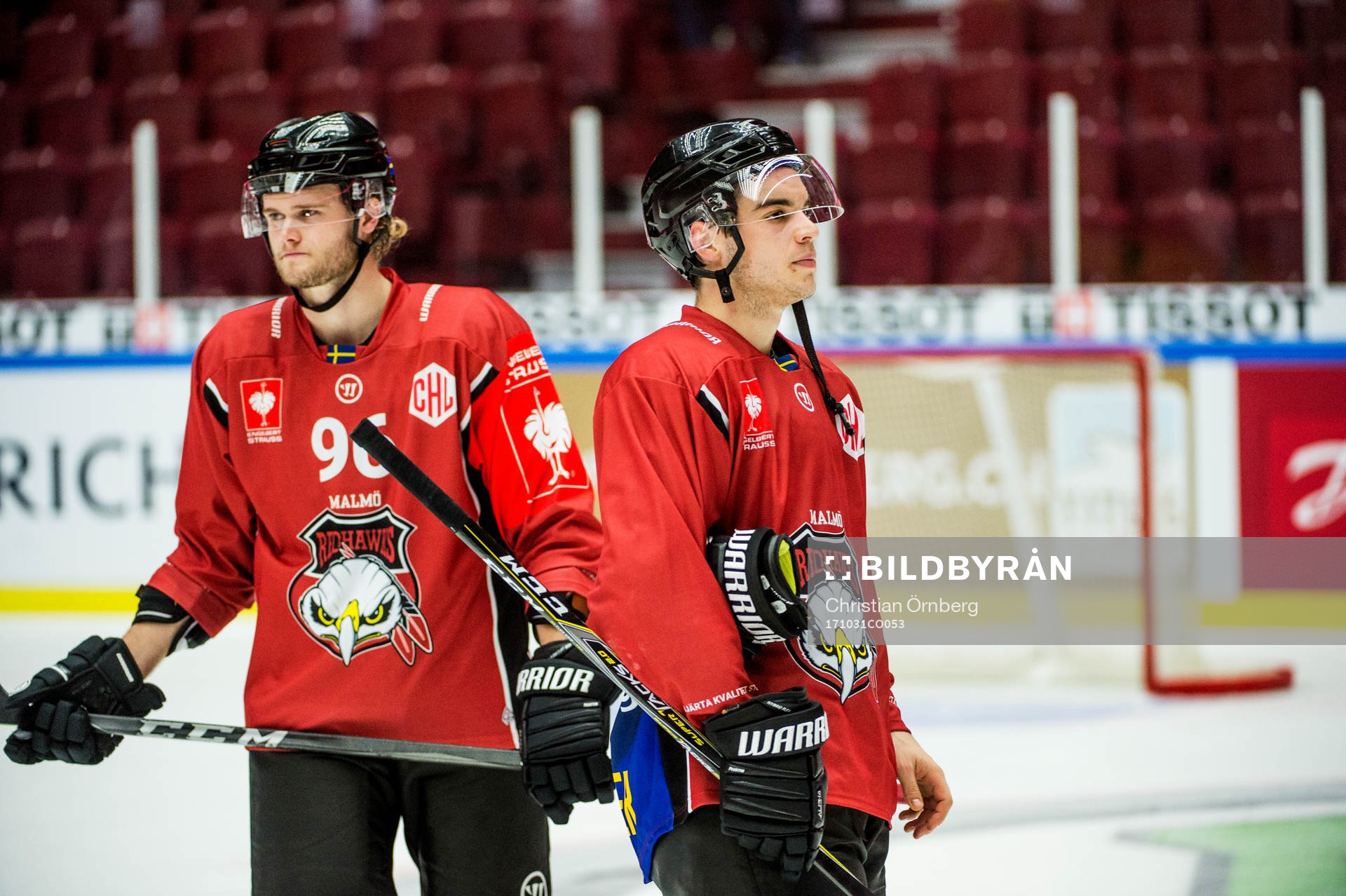Kim Rosdahl and Lukas Haudum of Malmö Redhawks looks