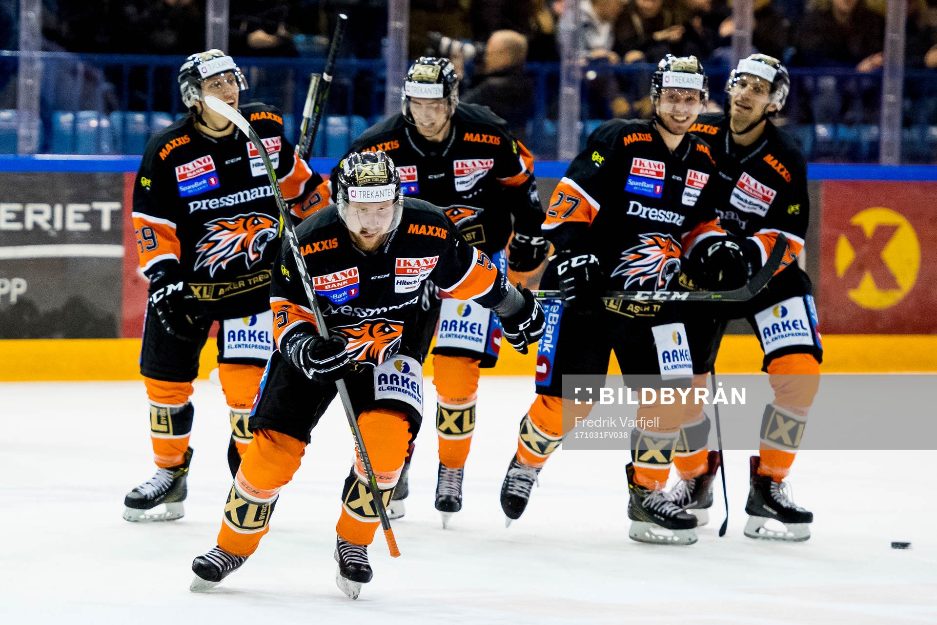 Oskar Nilsson of Frisk Asker and his teammates celebrate 1-0