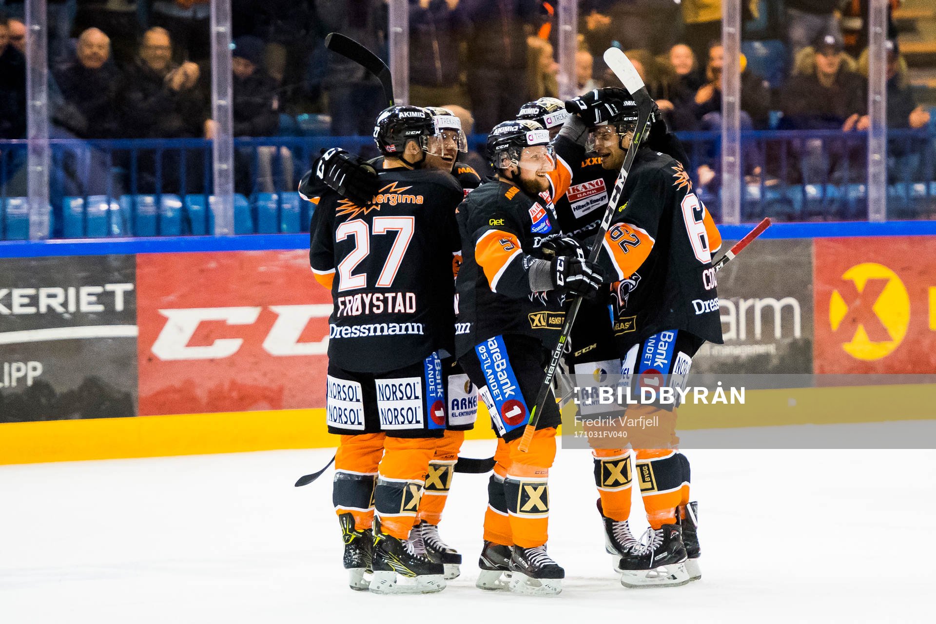 Oskar Nilsson of Frisk Asker celebrates with his teammates