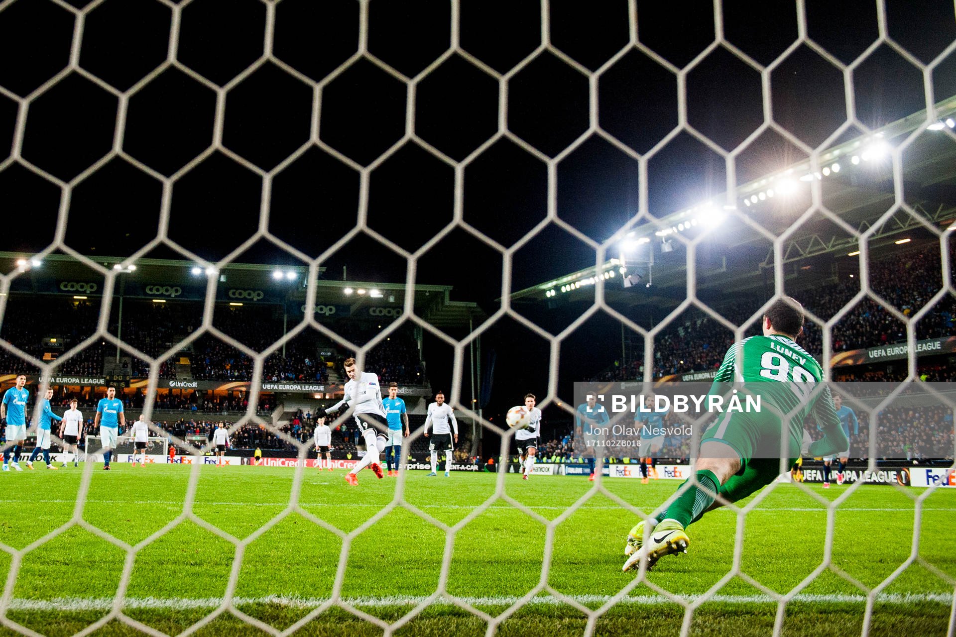 Nicklas Bendtner of Rosenborg scores 1-0