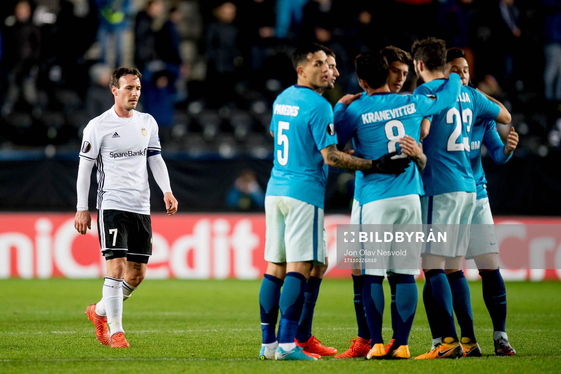 Mike Jensen of Rosenborg looks dejected while Zenit