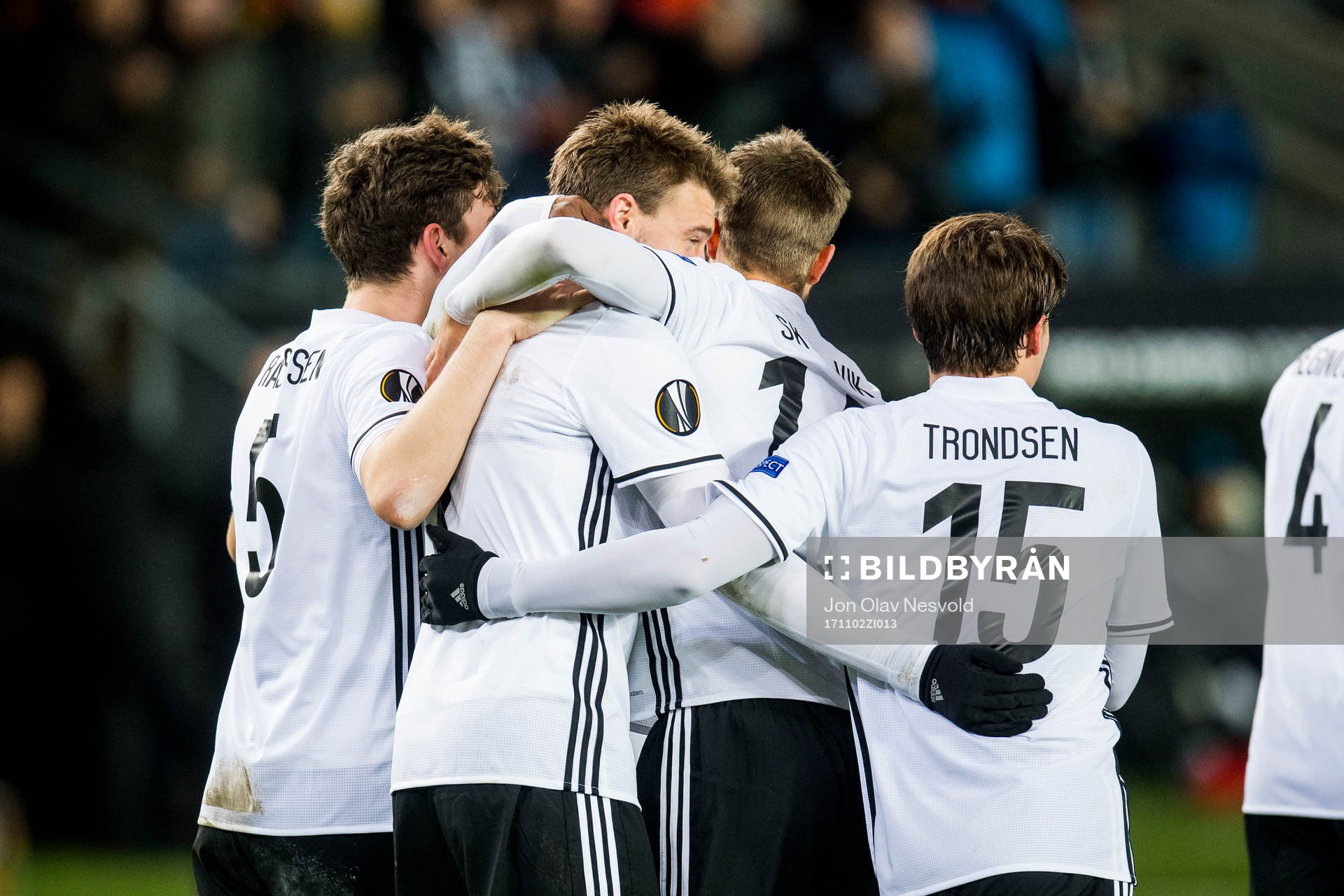 Nicklas Bendtner of Rosenborg celebrates 1-0 with his teammates during the UEFA Europa League match between Rosenborg and FK Zenit St. Petersburg on November 2, 2017 in Trondheim.