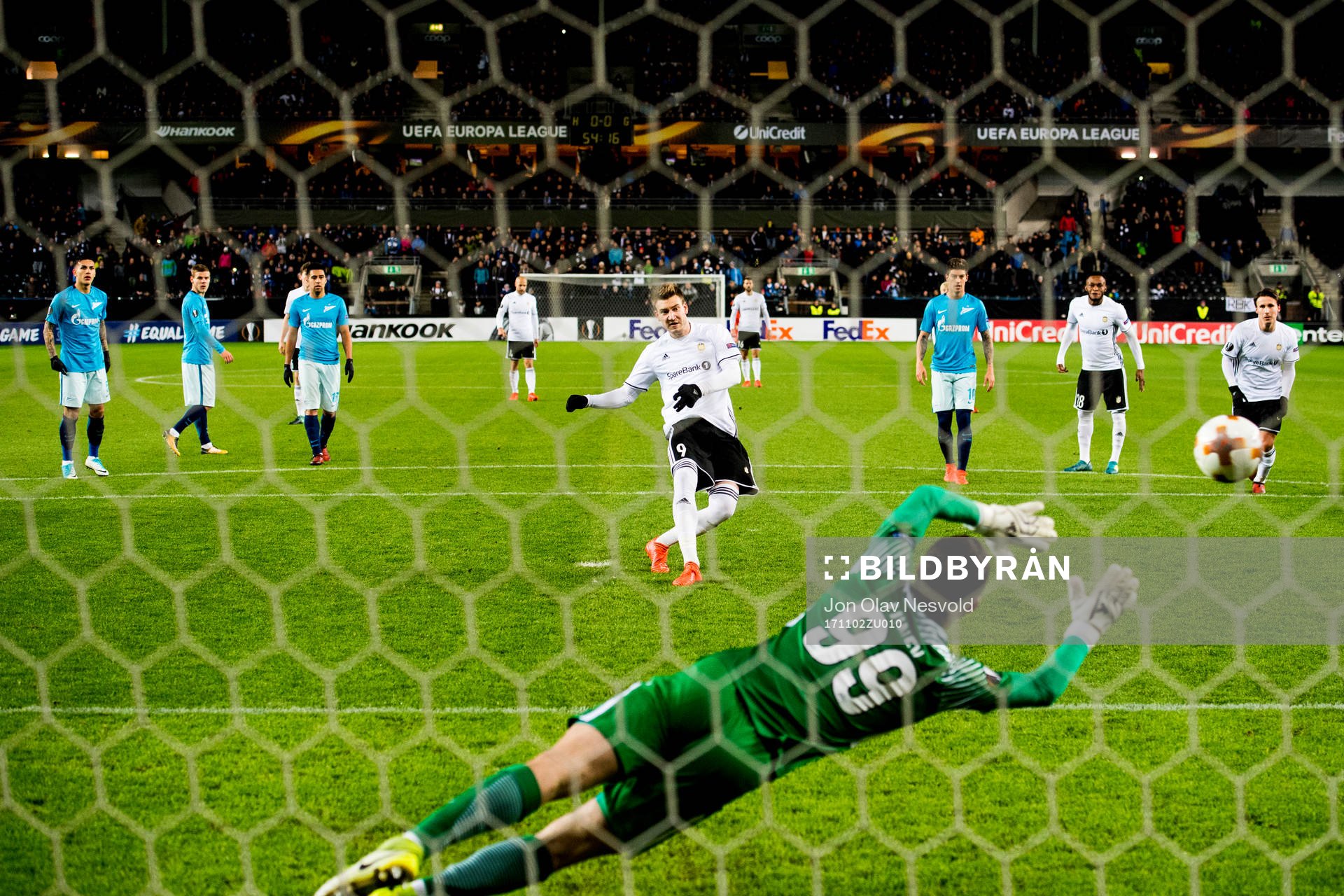 Nicklas Bendtner of Rosenborg scores 1-0