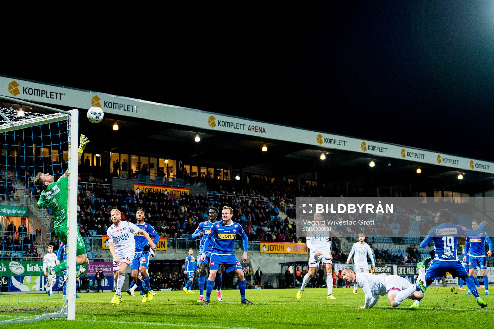 Goalkeeper Ingvar Johnson of Sandefjord saves the attempt