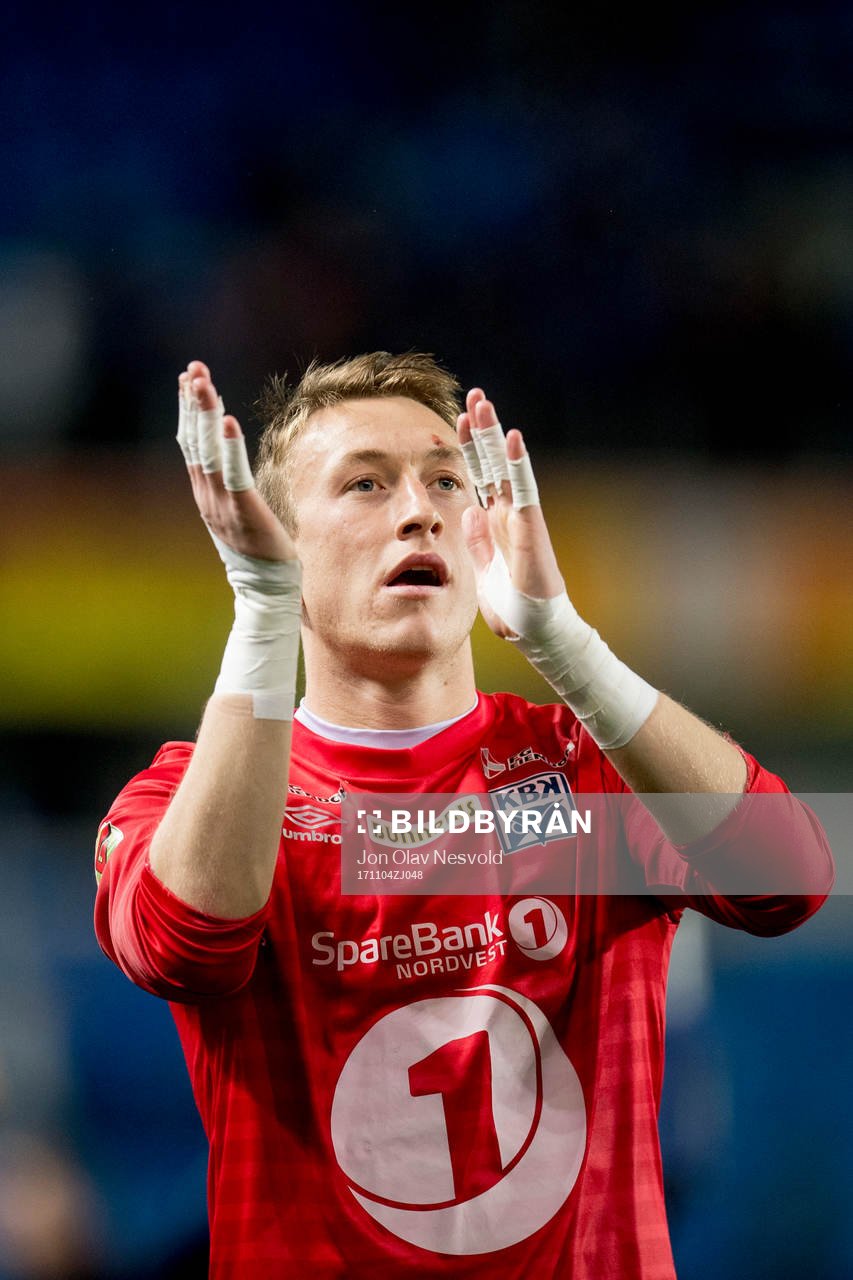 Goalkeeper Sean McDermott of Kristiansund celebrates