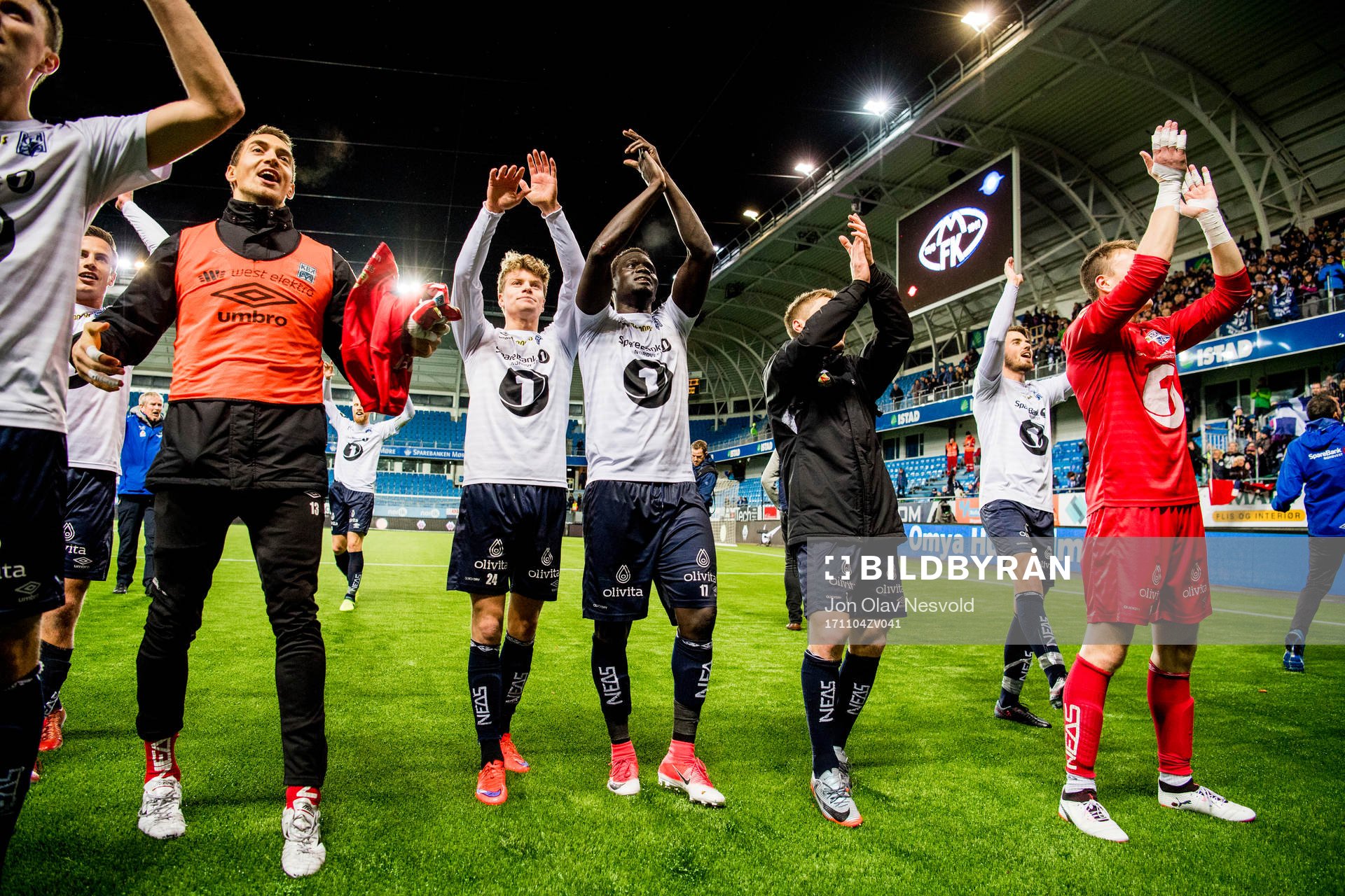 Sondre Sørli and Aliou Coly of Kristiansund celebrate after the Eliteserien match between Molde and Kristiansund on November 4, 2017 in Molde.