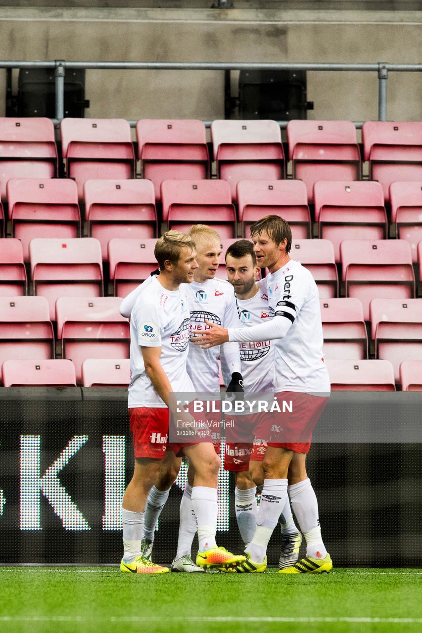 Joona Veteli of Fredrikstad celebrates with his teammates