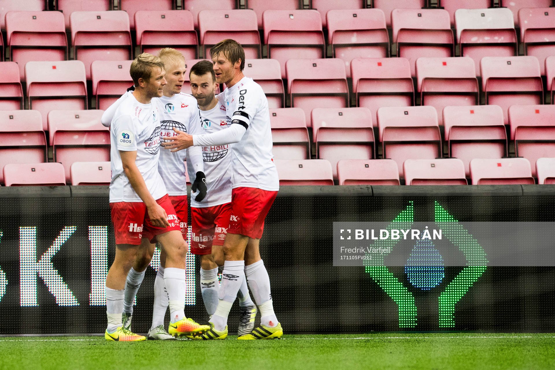 Joona Veteli of Fredrikstad celebrates with his teammates