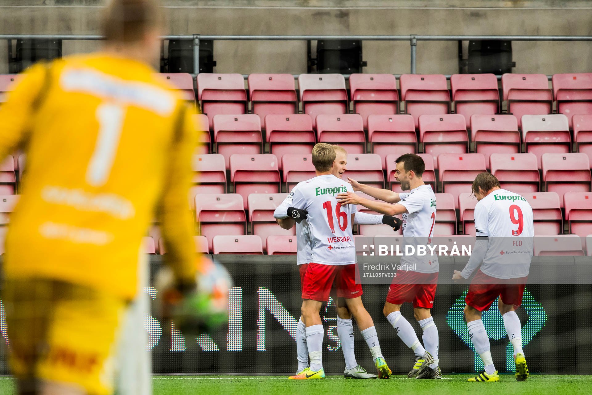 Joona Veteli of Fredrikstad celebrates with his teammates