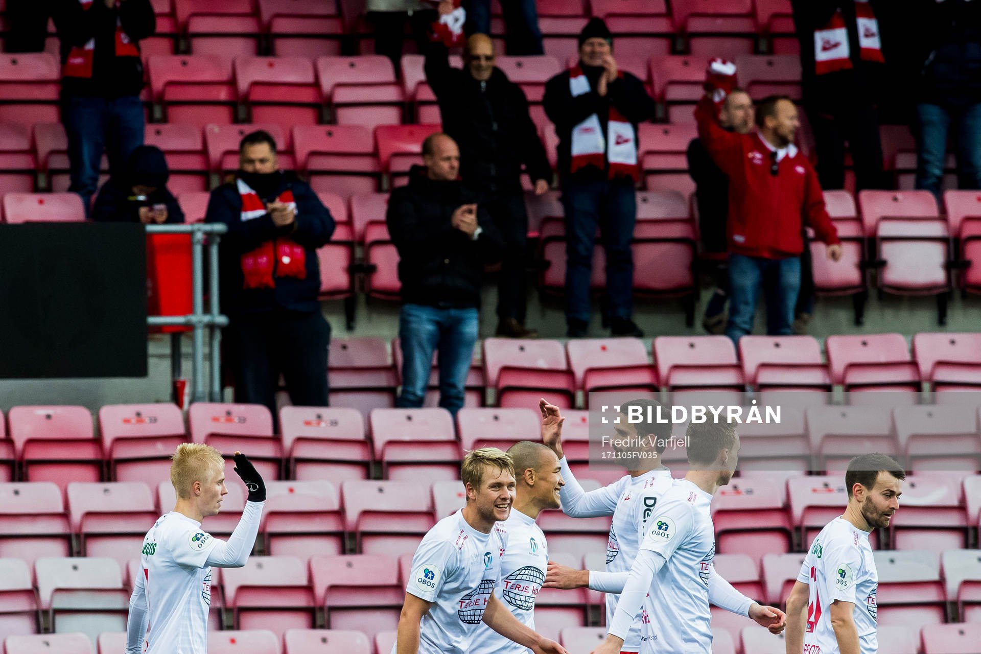 Joona Veteli of Fredrikstad celebrates with his teammates