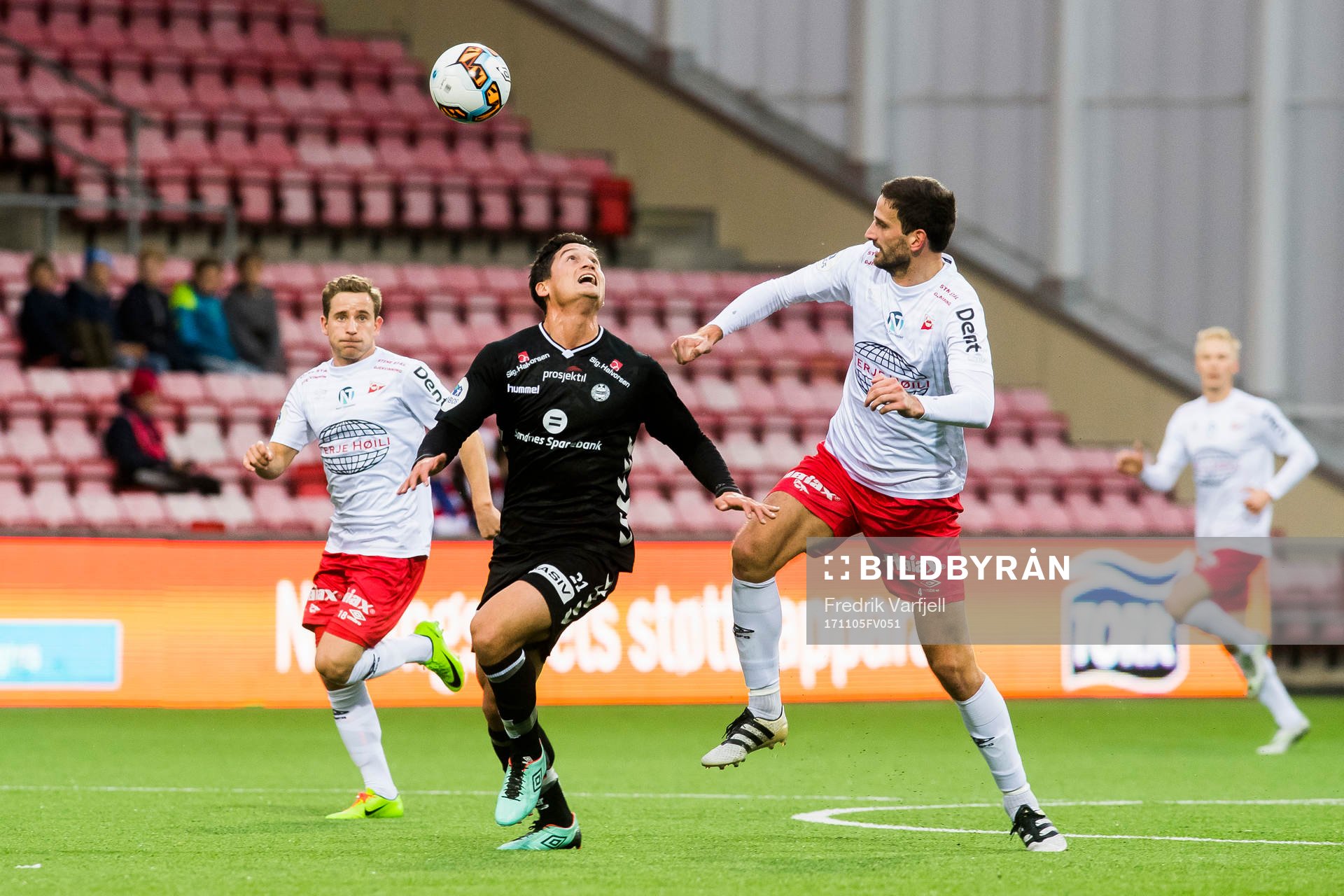 Ludvig Begby of Fredrikstad, Kjell Rune Sellin of Sandnes Ulf and Mislav Leko of Fredrikstad during the OBOS-ligaen match between Fredrikstad and Sandnes Ulf on November 5, 2017 in Fredrikstad