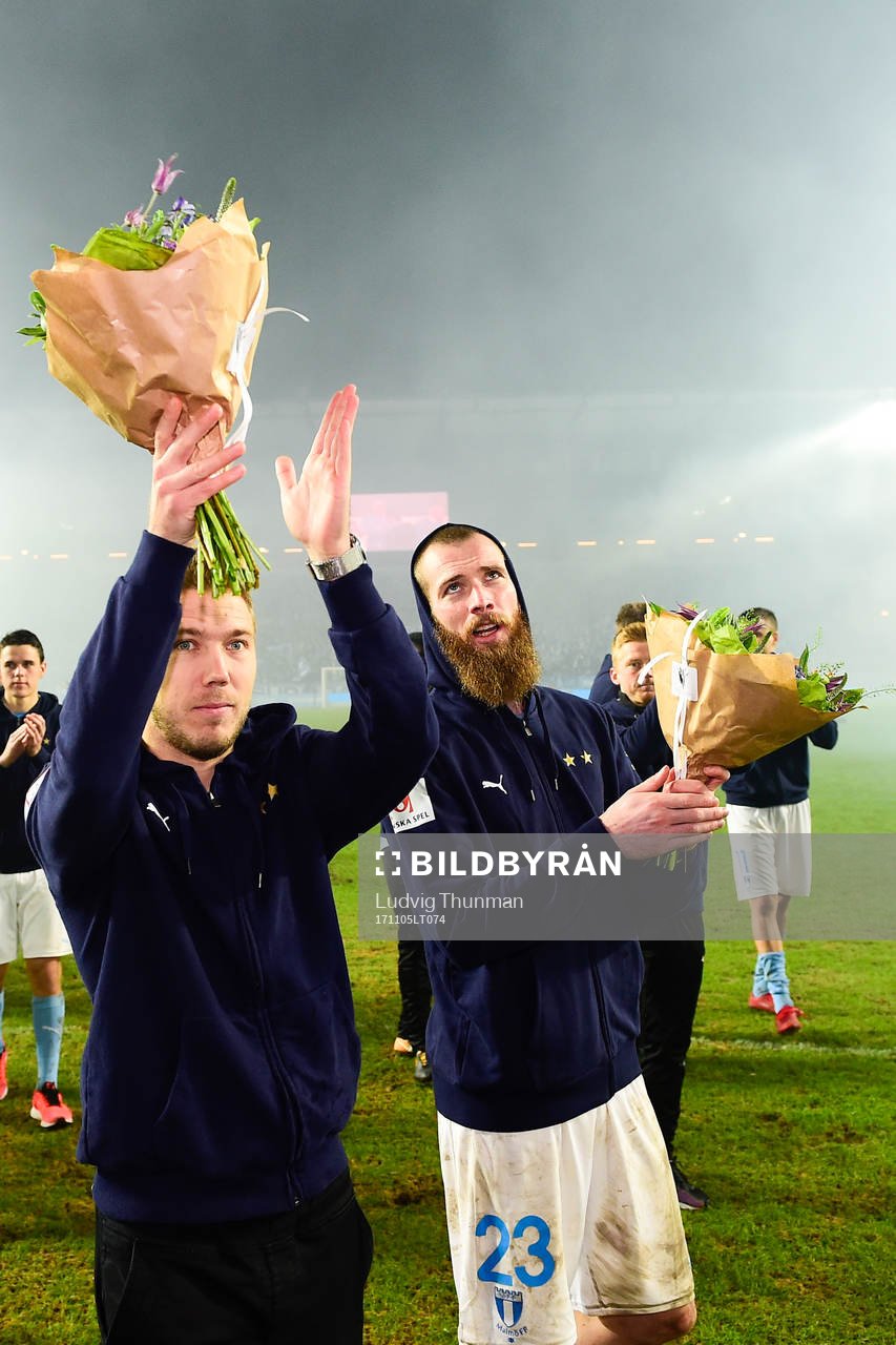 Malmö FFs Anton Tinnerholm och Jo Inge Berget tackar
