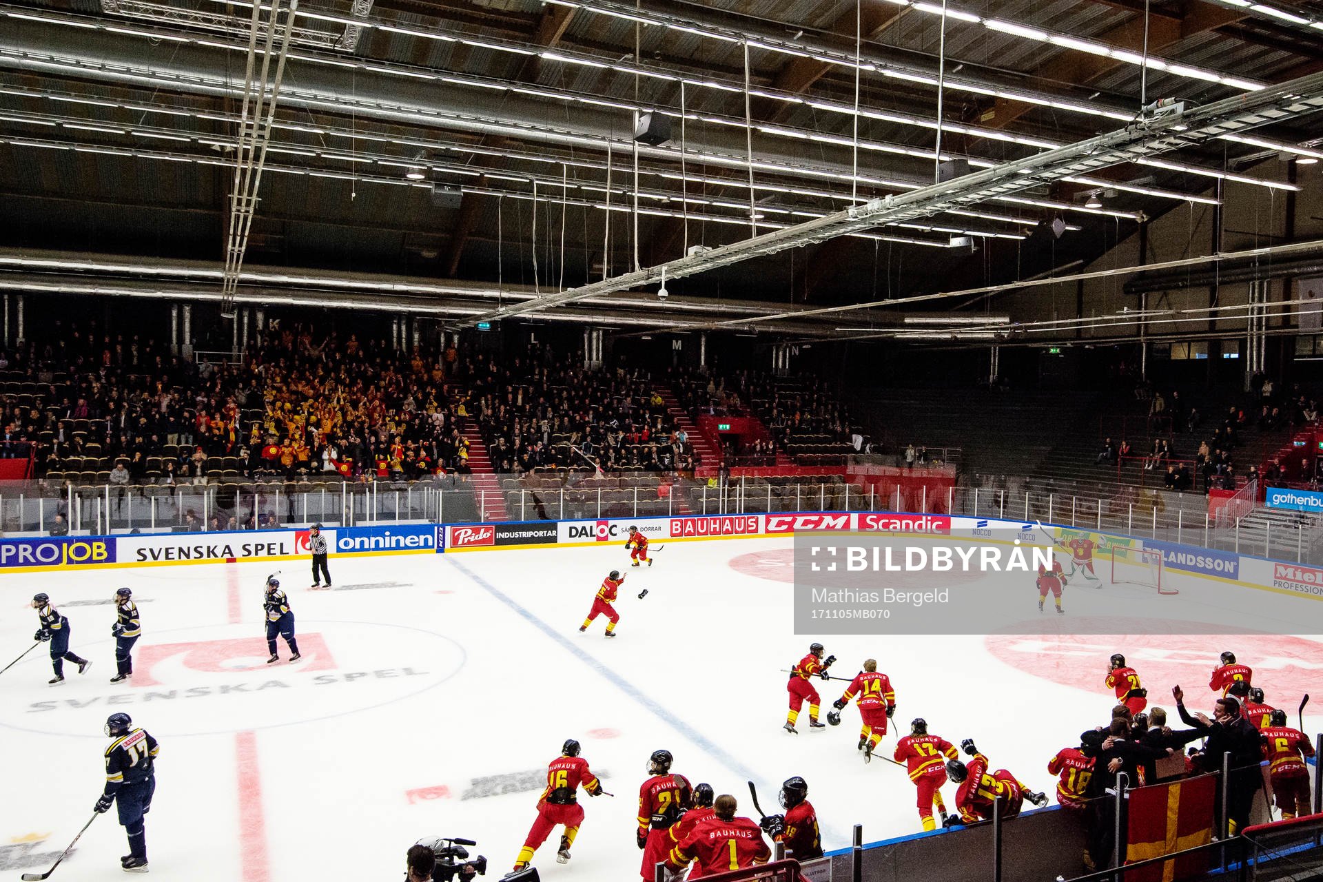 Skånes spelare åker ut på isen och jublar på