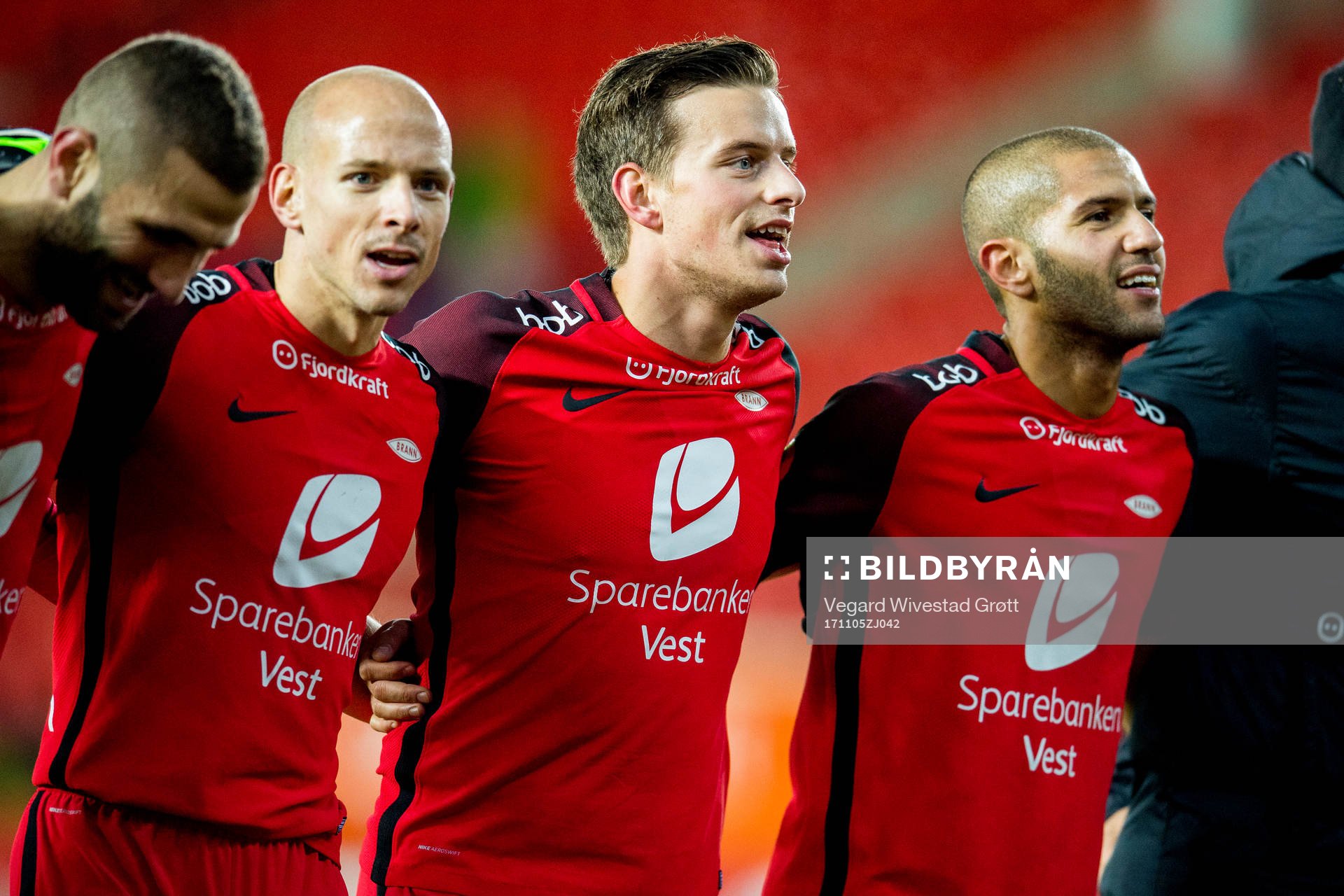 Ruben Kristiansen, Jonas Grønner and Amin Nouri of Brann after the Eliteserien match between Brann and Lillestrøm on November 5, 2017 in Bergen.