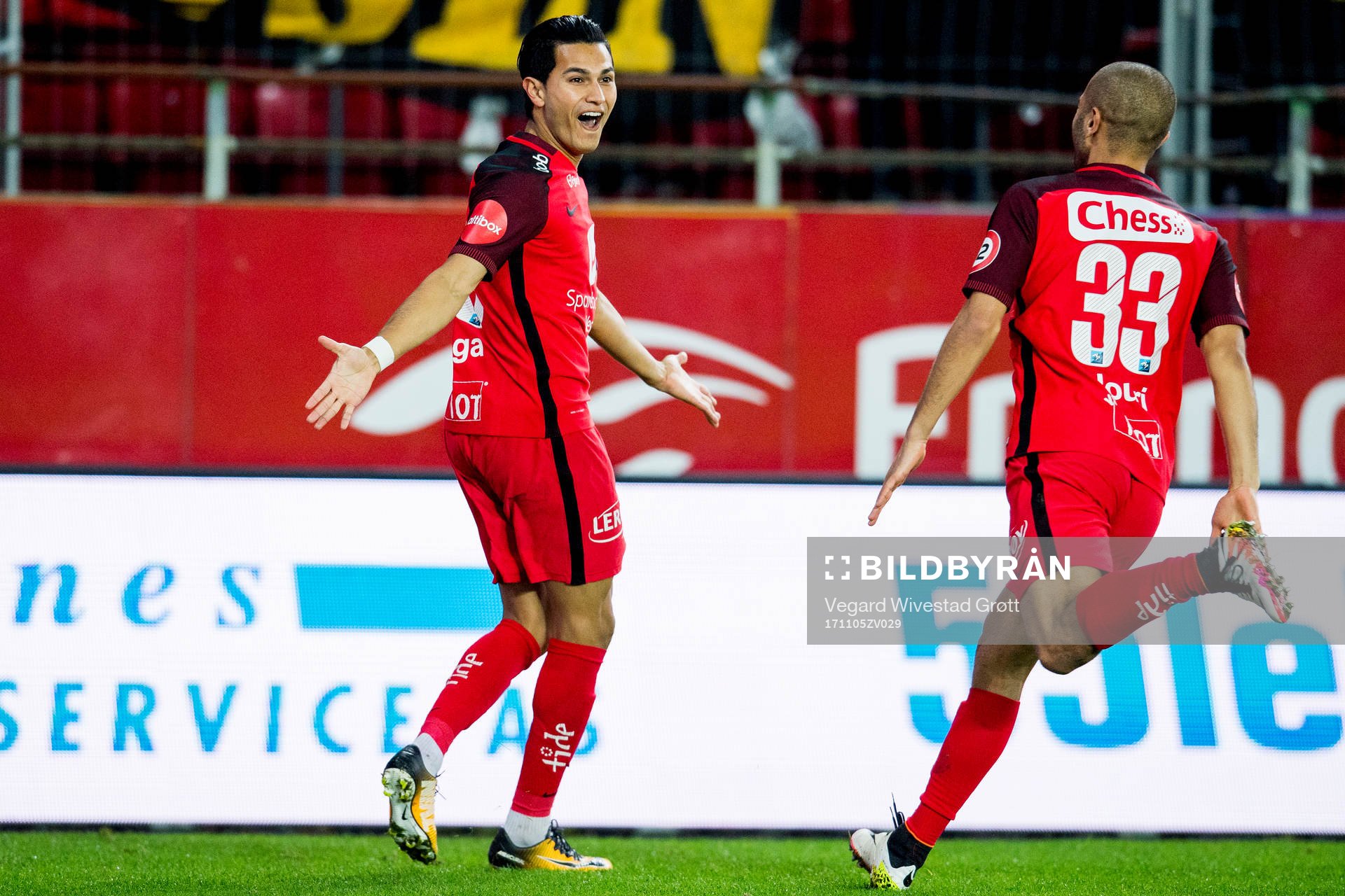 Denver Vega of Brann celebrates with teammate Amin Nouri