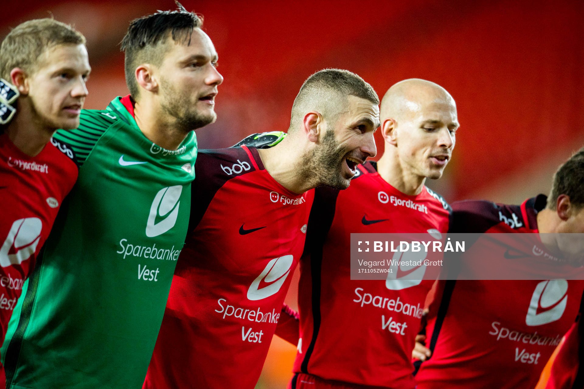 Peter Orry Larsen, goalkeeper Piotr Leciejewski, Azar Karadas and Ruben Kristiansen of Brann after the Eliteserien match between Brann and Lillestrøm on November 5, 2017 in Bergen.