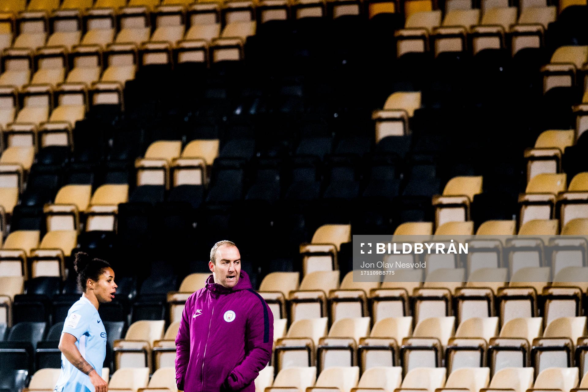 Demi Stokes of Manchester City and Nicholas Cushing, head coach of Manchester City, during the UEFA Women's Champions League match between LSK Kvinner and Manchester City on November 9, 2017 in Lillestrøm.