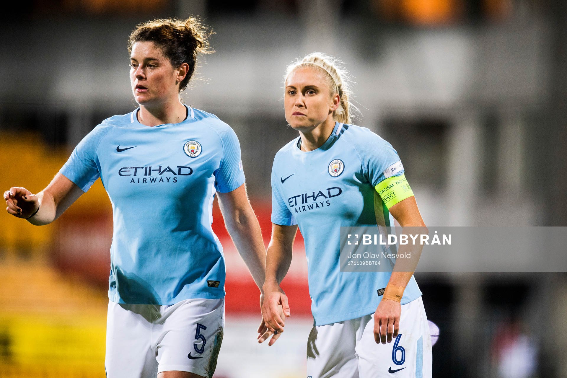 Jennifer Beattie and Steph Houghton of Manchester City during the UEFA Women's Champions League match between LSK Kvinner and Manchester City on November 9, 2017 in Lillestrøm.