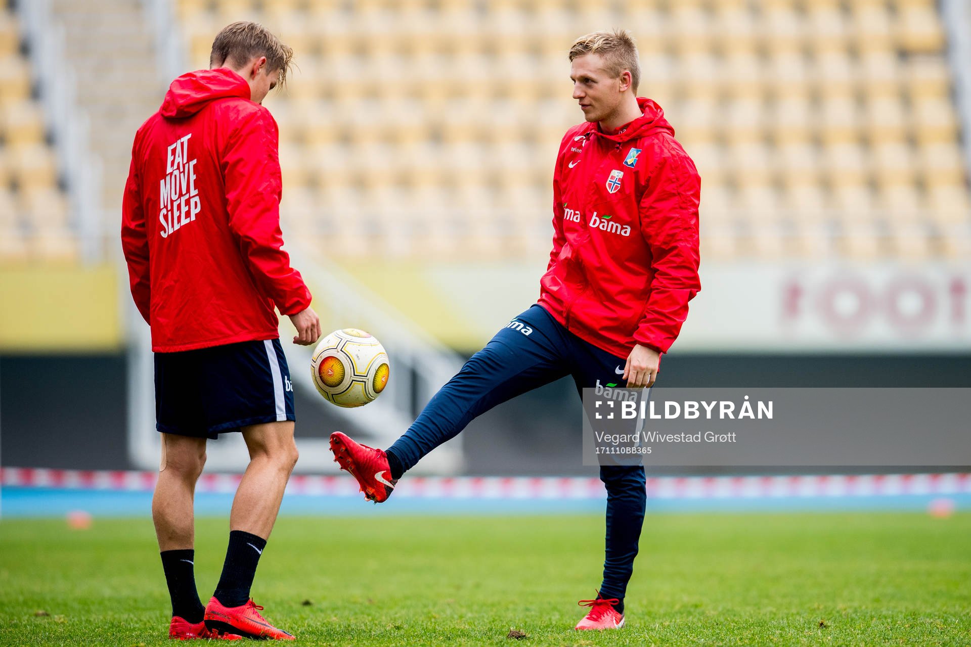Martin Ødegaard and Mats Møller Dæhli of Norway during a training session on November 10, 2017 in Skopje.