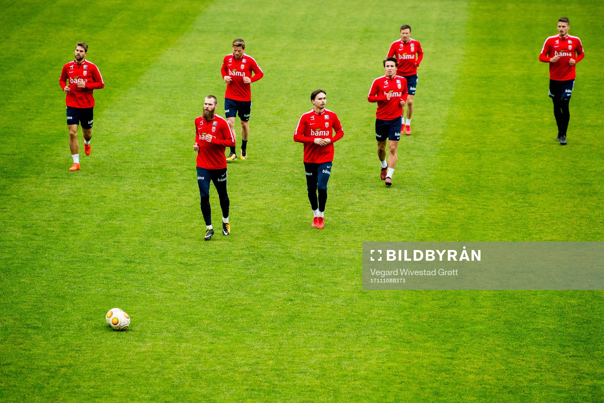 Jørgen Skjelvik, Jo Inge Berget, Pål Alexander Kirkevold, Ole Kristian Selnæs, Anders Trondsen, Martin Linnes and Gustav Valsvik of Norway during a training session on November 10, 2017 in Skopje.
