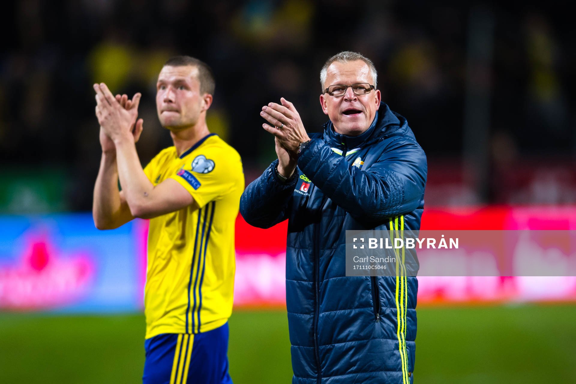 Sveriges Jakob Johansson och förbundskapten Janne