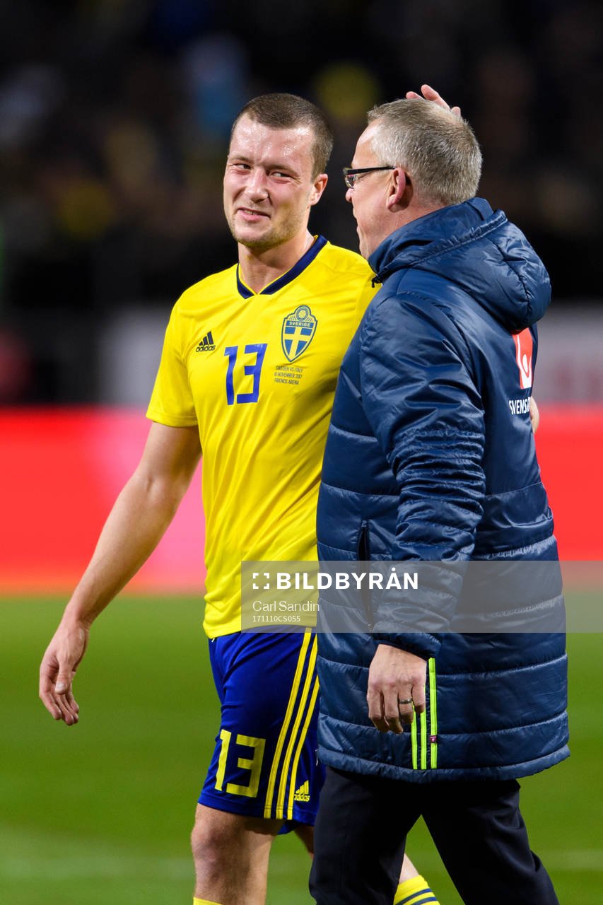 Sveriges Jakob Johansson och förbundskapten Janne