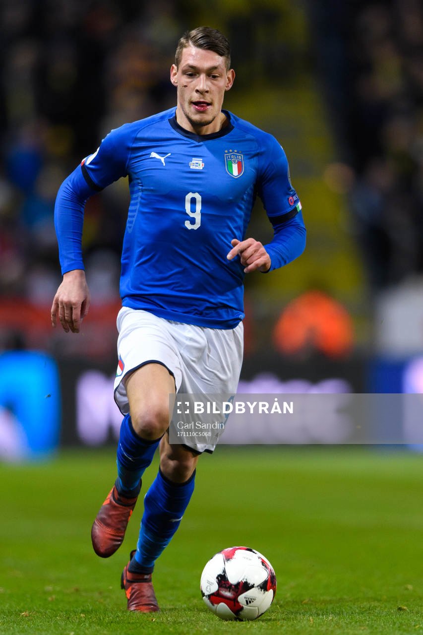 Italiens Andrea Belotti under fotbollsmatchen i VM-kvalets play-off mellan Sverige och Italien den 10 november 2017 i Stockholm.