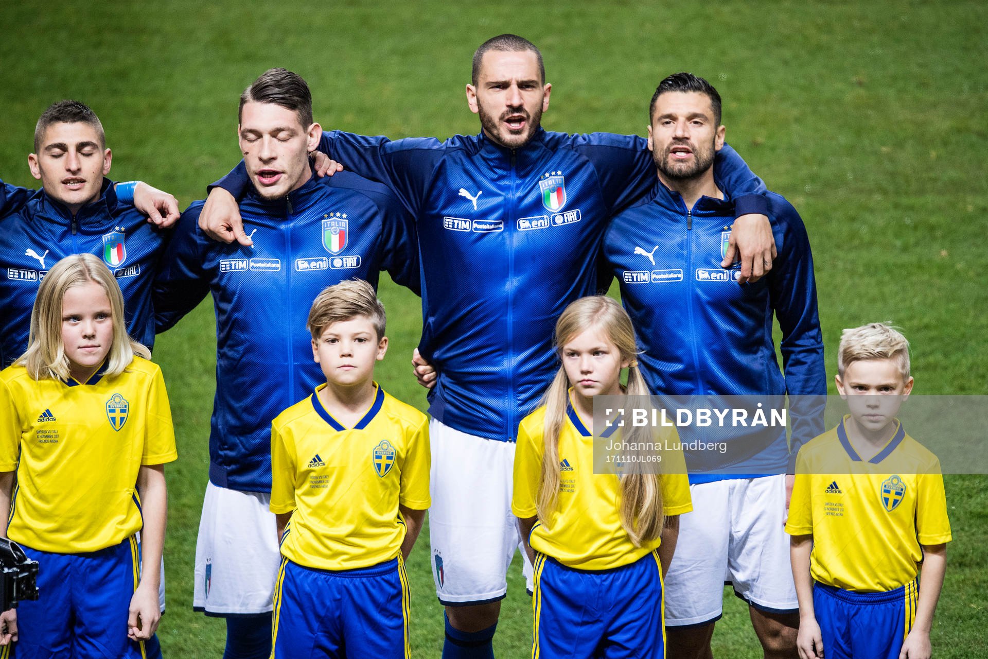 Italiens Marco Verratti, Andrea Belotti , Leonardo Bonucci och Antonio Candreva under fotbollsmatchen i VM-kvalets play-off mellan Sverige och Italien den 10 november 2017 i Stockholm.