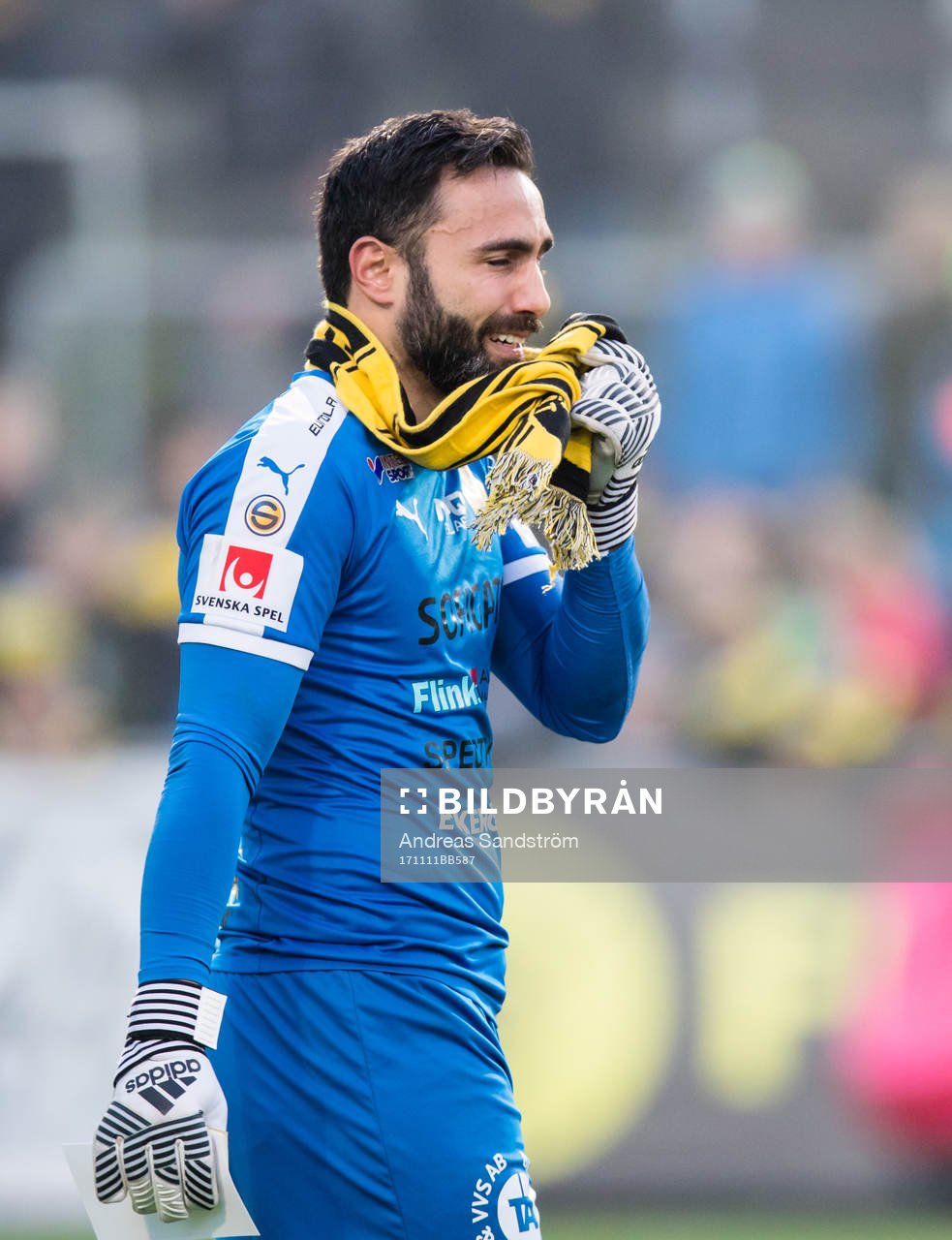 Frejs målvakt Marko Atanackovic reagerar efter kvalet till Superettan mellan IK Frej och Akropolis den 11 November 2017 i Stockholm.