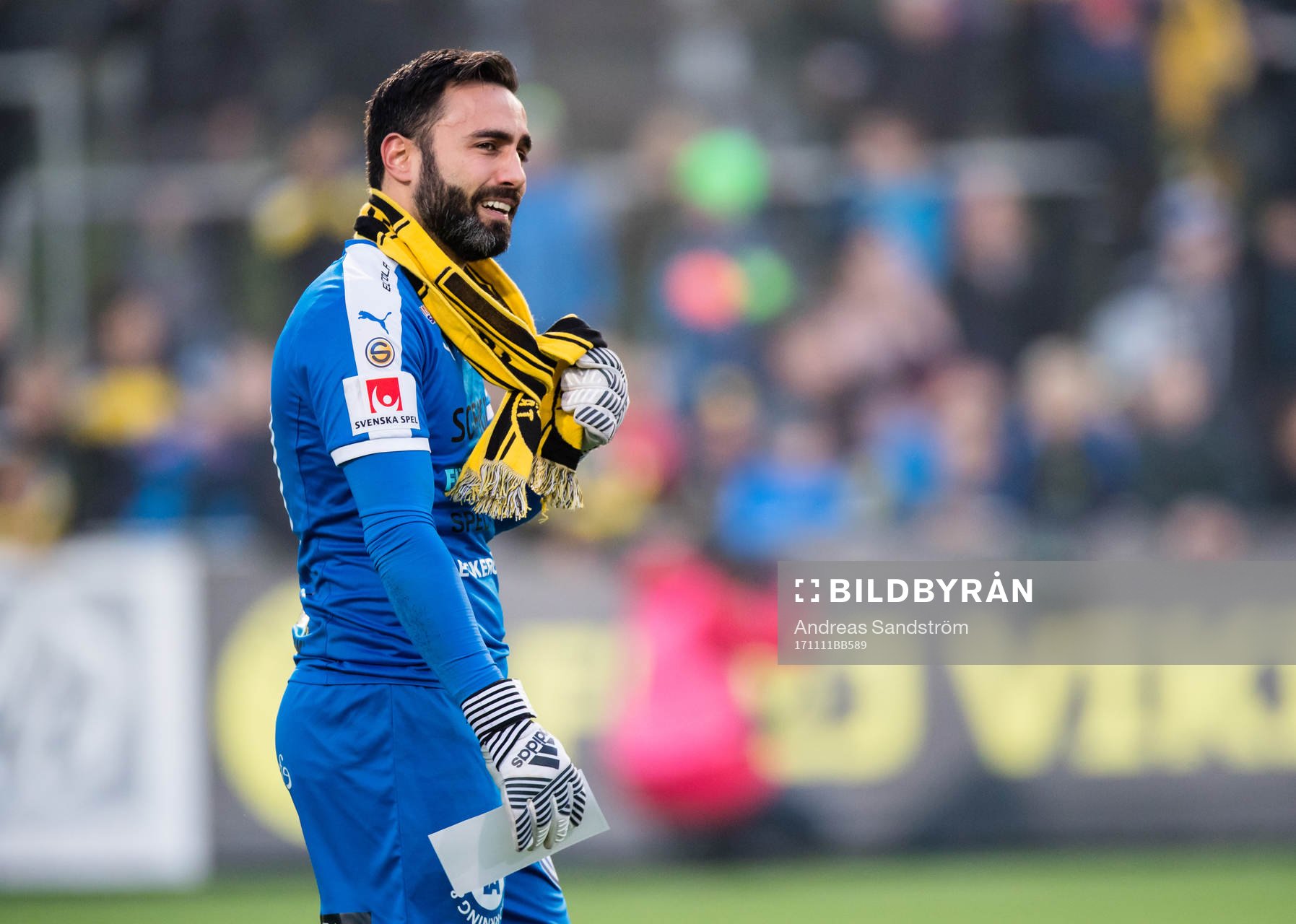 Frejs målvakt Marko Atanackovic reagerar efter kvalet till Superettan mellan IK Frej och Akropolis den 11 November 2017 i Stockholm.