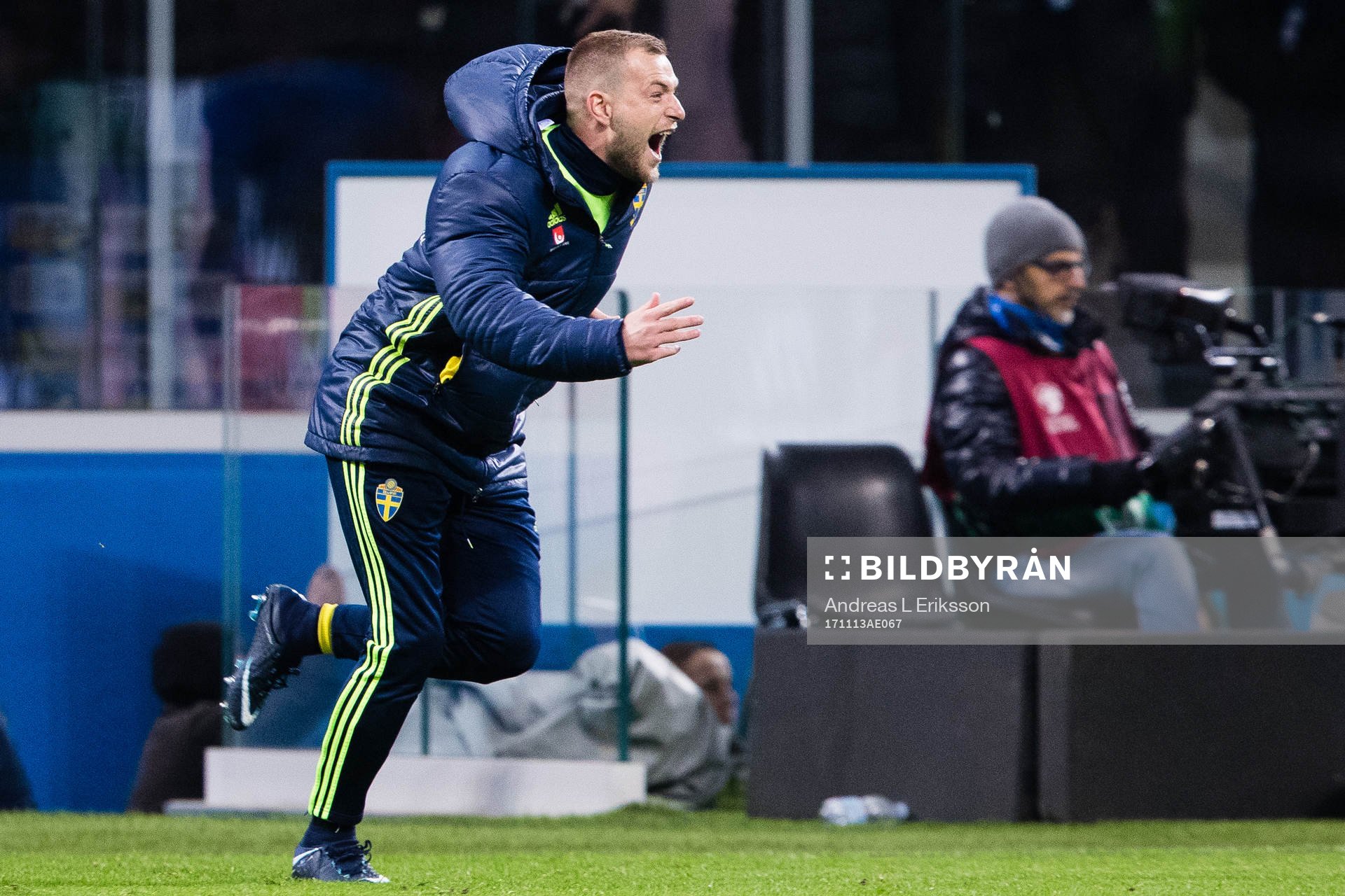 Sveriges John Guidetti jublar efter fotbollsmatchen i VM-kvalets play-off mellan Italien och Sverige den 13 november 2017 i Milano.