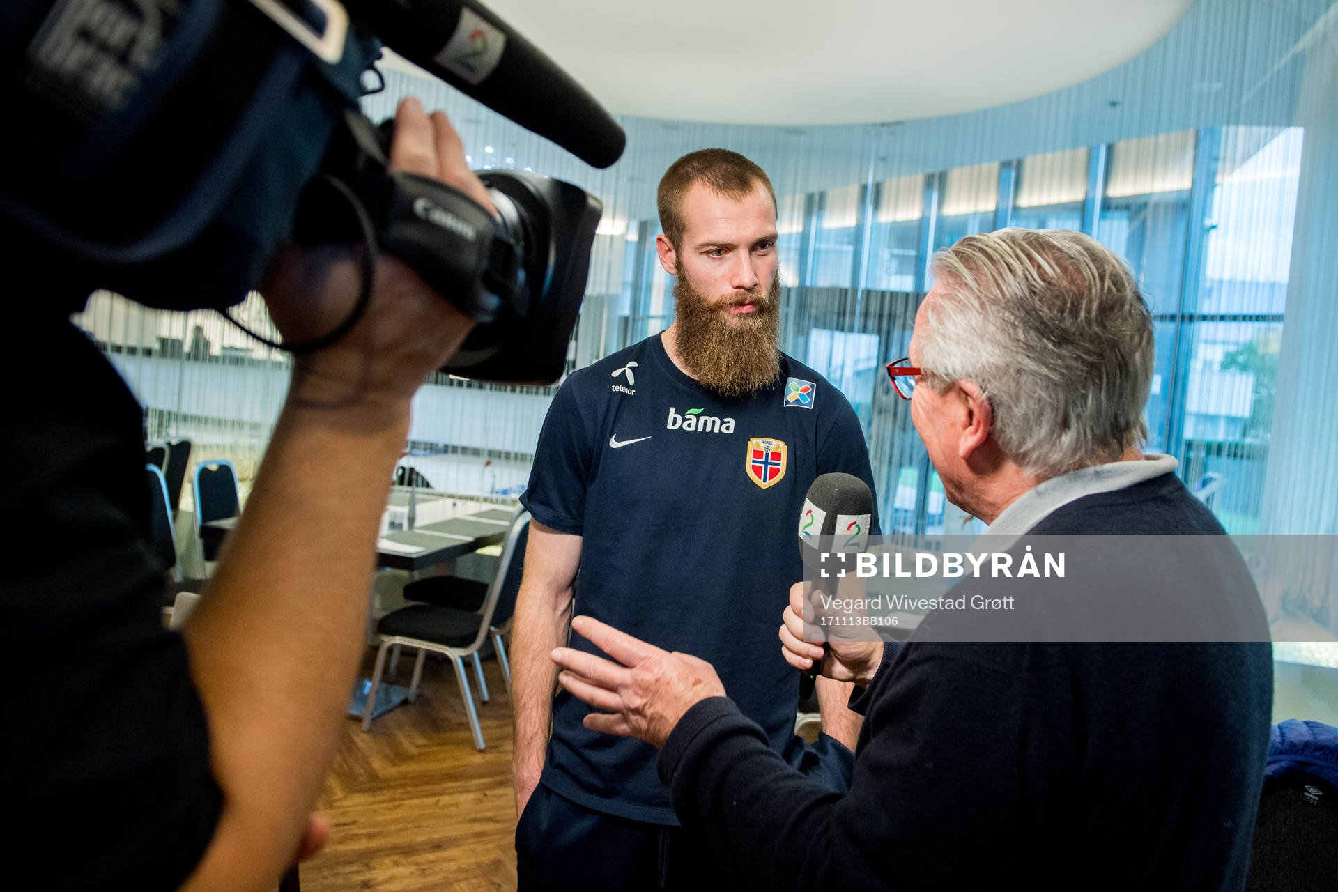 Jo Inge Berget of Norway talks to journalist Davy Wathne of