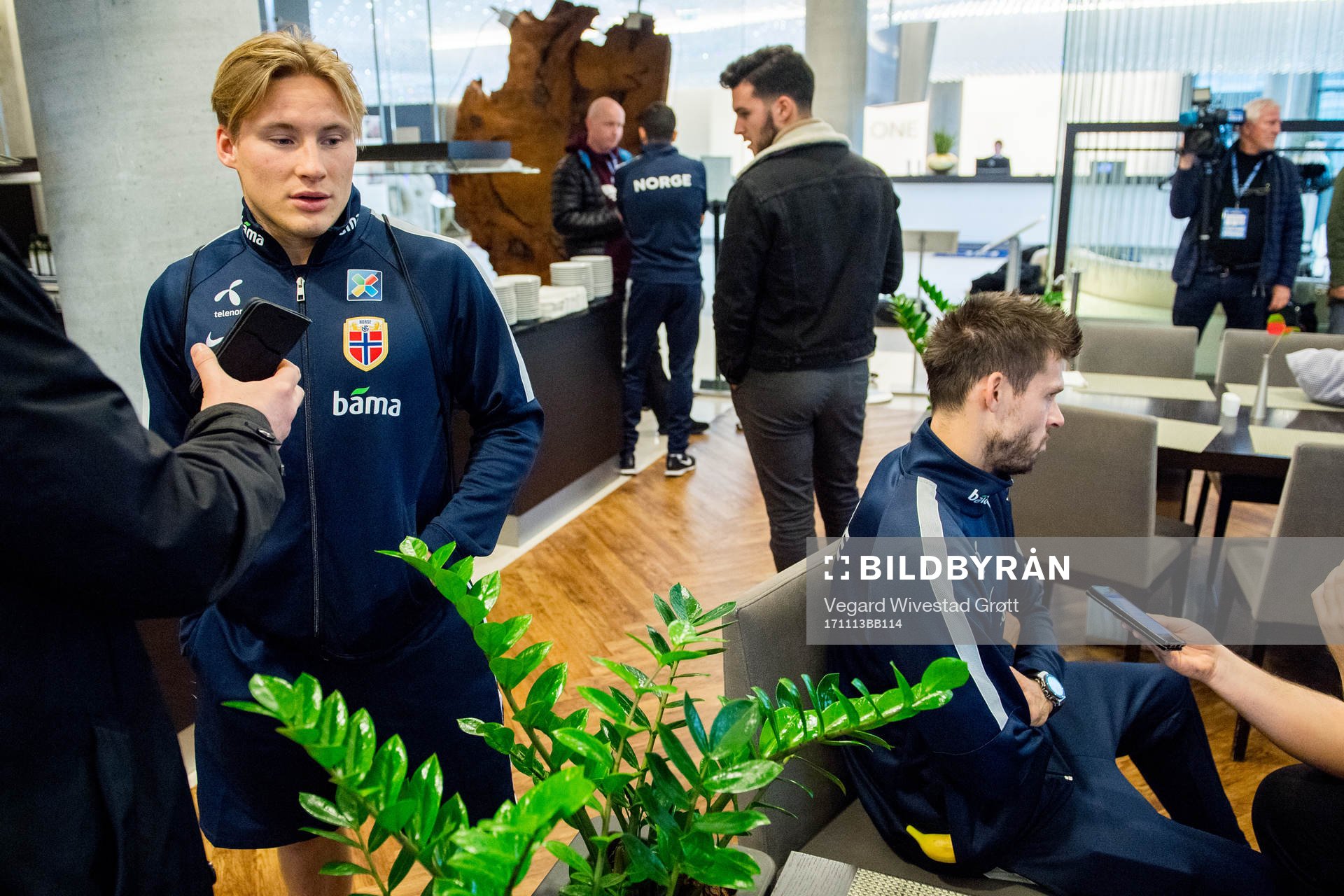 Jonas Svensson and goalkeeper Rune Almenning Jarstein of Norway during a press event on November 13, 2017 in Bratislava.
