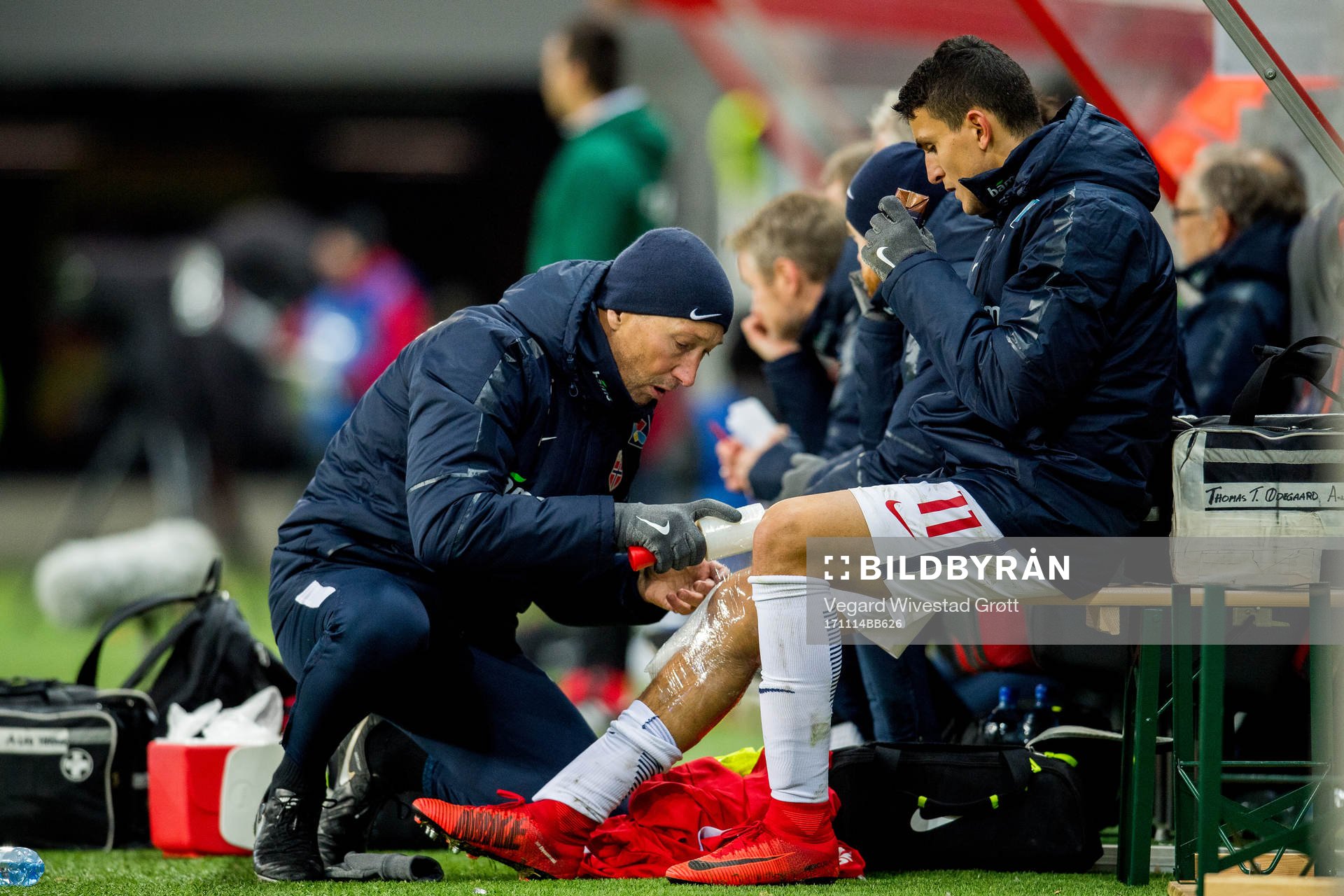 Mohamed Elyounoussi of Norway gets treatment from physical