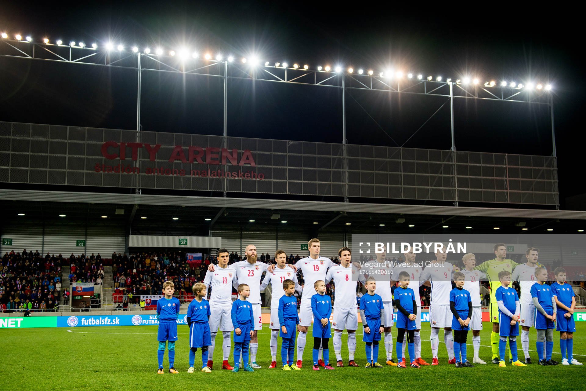 Mohamed Elyounoussi, Jo Inge Berget, Martin Linnes, Alexander Sørloth, Anders Trondsen, Markus Henriksen, Tore Reginiussen, Alexander Toft Søderlund, Birger Meling, goalkeeper Rune Almenning Jarstein and Håvard Nordtveit of Norway line up ahead of the international friendly match between Slovakia and Norway on November 14, 2017 in Trnava.