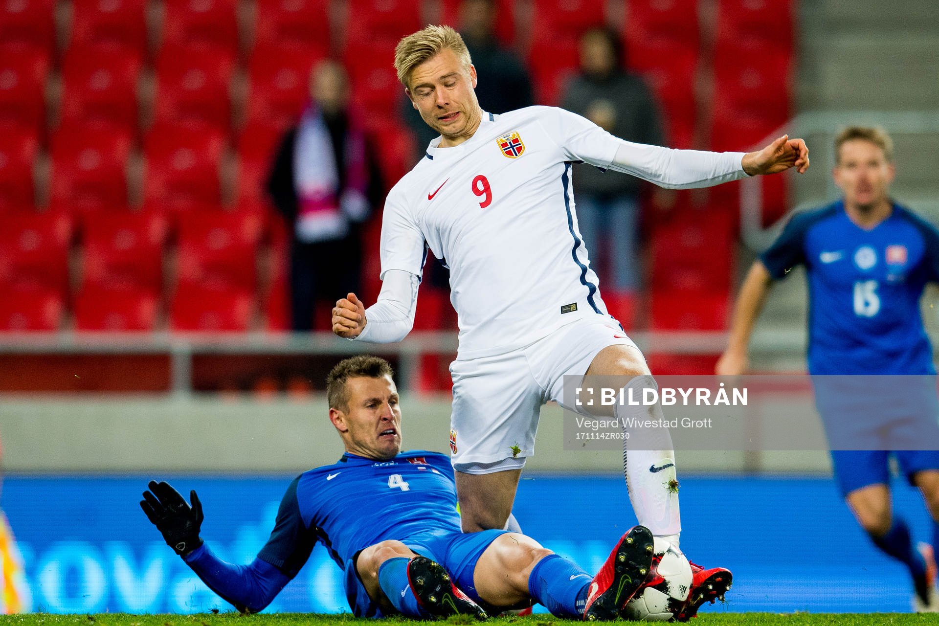 Jan Durica of Slovakia and Alexander Toft Søderlund of Norway during the international friendly match between Slovakia and Norway on November 14, 2017 in Trnava.