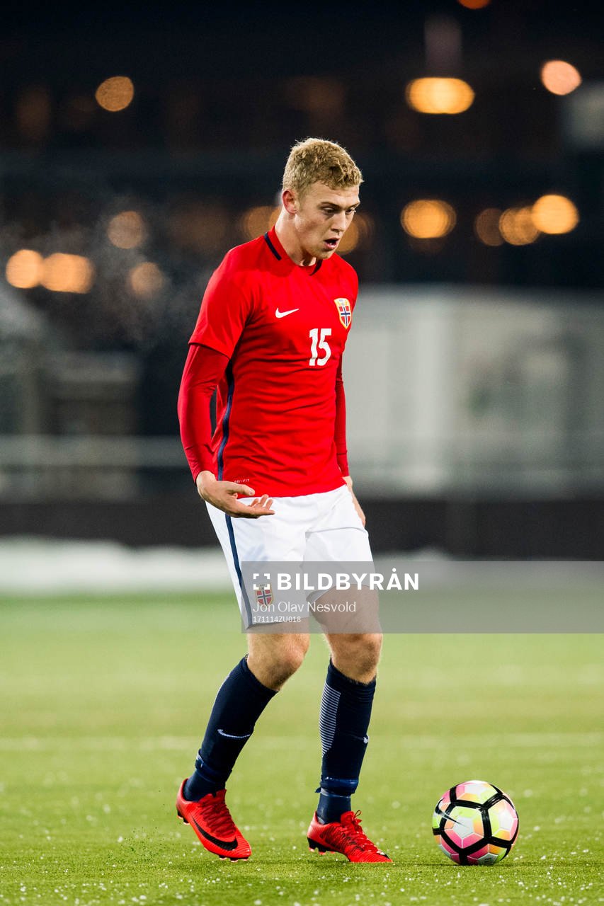 Henrik Bjørdal of Norway during the UEFA European Under-21 Qualifier match between Norway and Ireland on November 14, 2017 in Drammen.