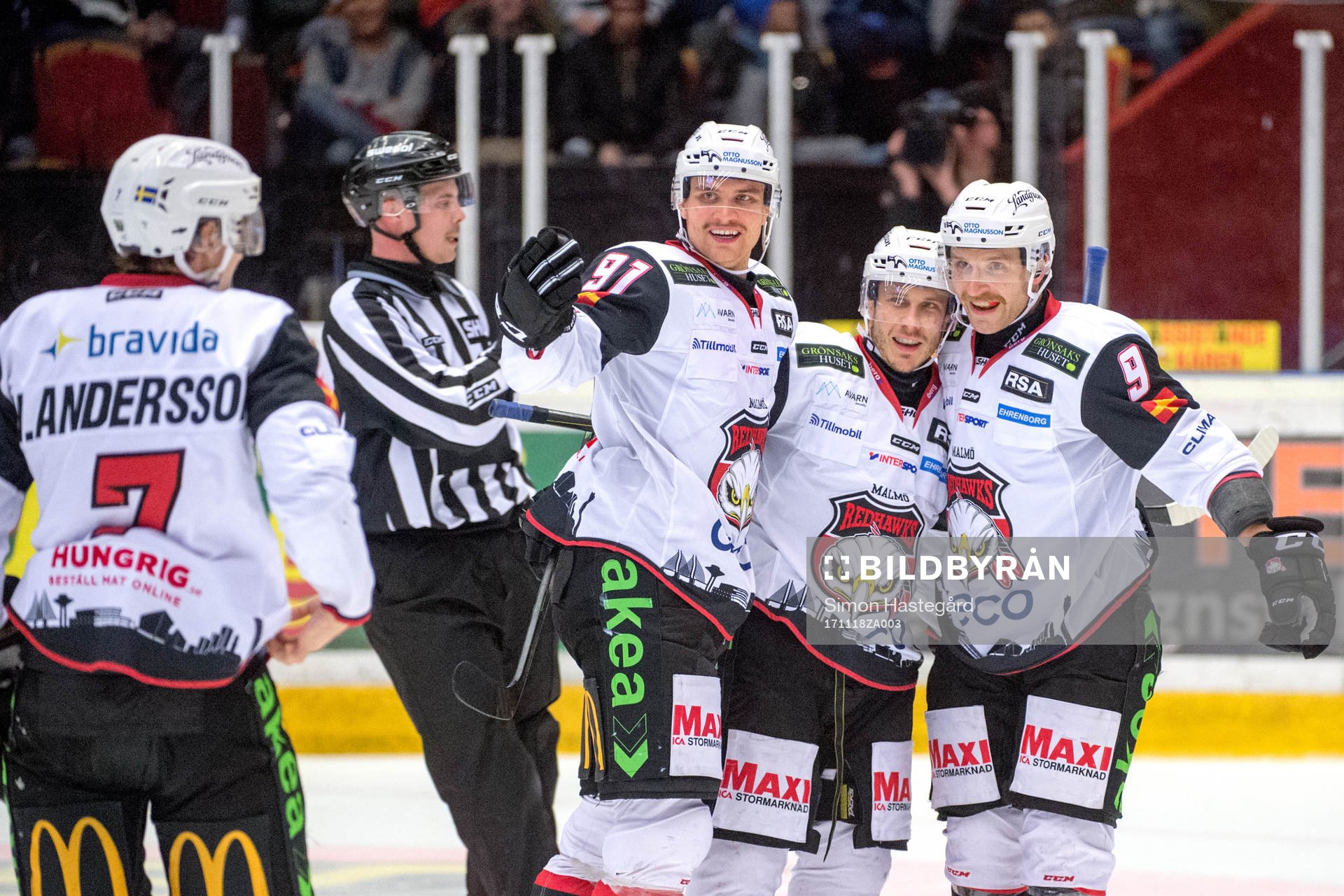 Malmö Redhawks Nils Andersson, Max Görtz, Andy Miele och