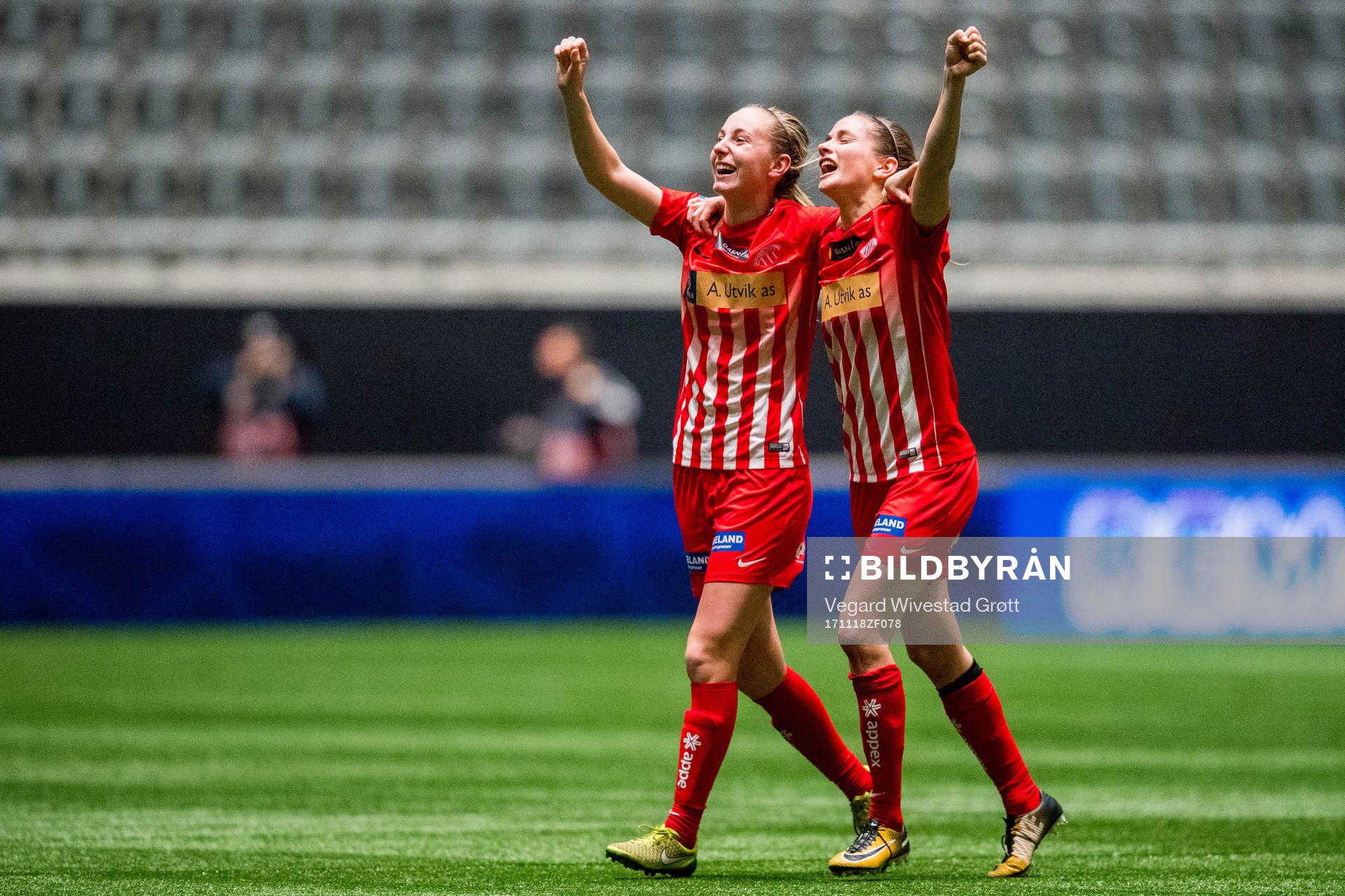 Hanna Dahl and Ingrid Ryland of Avaldsnes celebrate after the cup final match between Avaldsnes and Vålerenga on November 18, 2017 in Oslo.